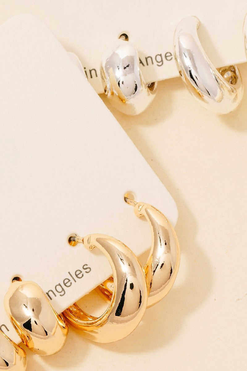 3 Pair Simple Metallic Hoop Earrings Set