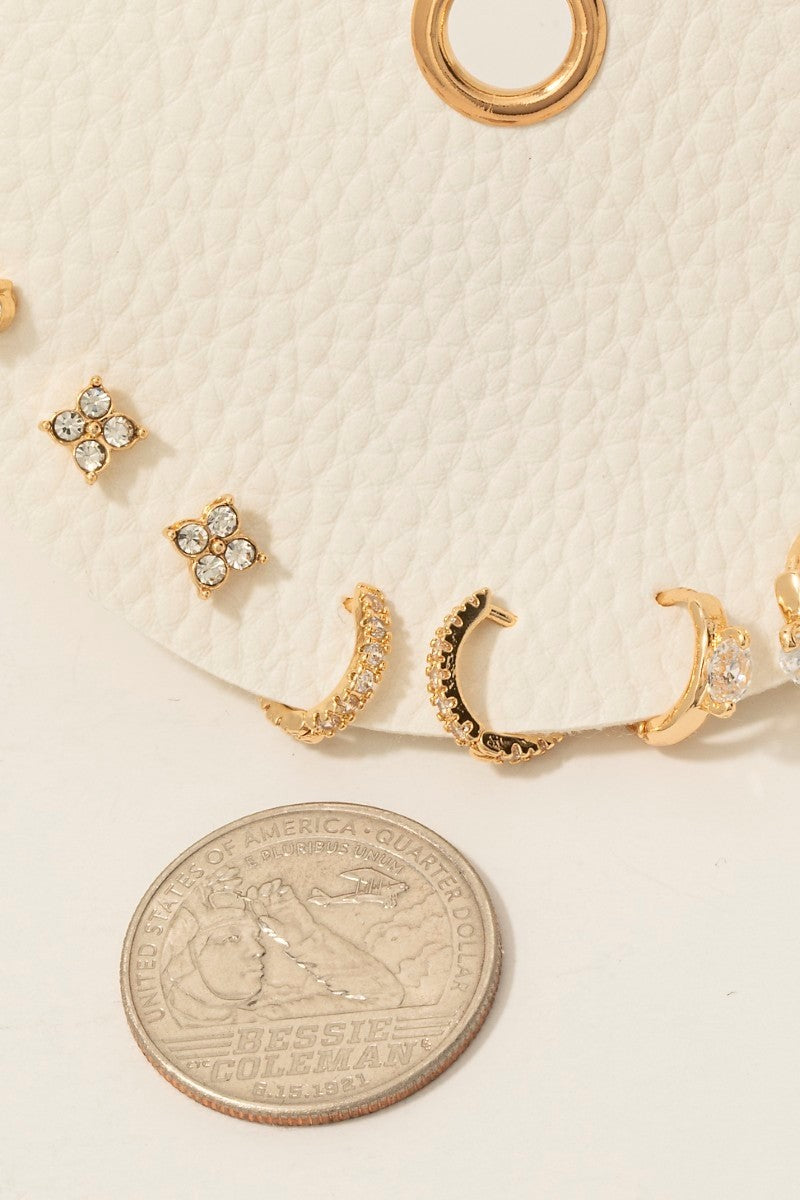 5pc Cz Clover Studs And Hoop Earrings Set