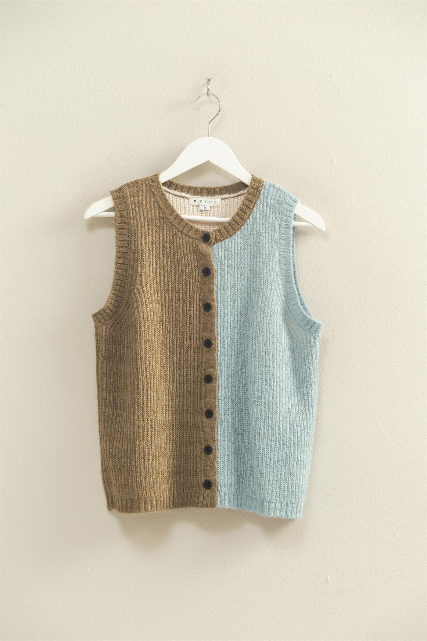 Olive & Baby Blue Color Block Button Down Sweater Vest