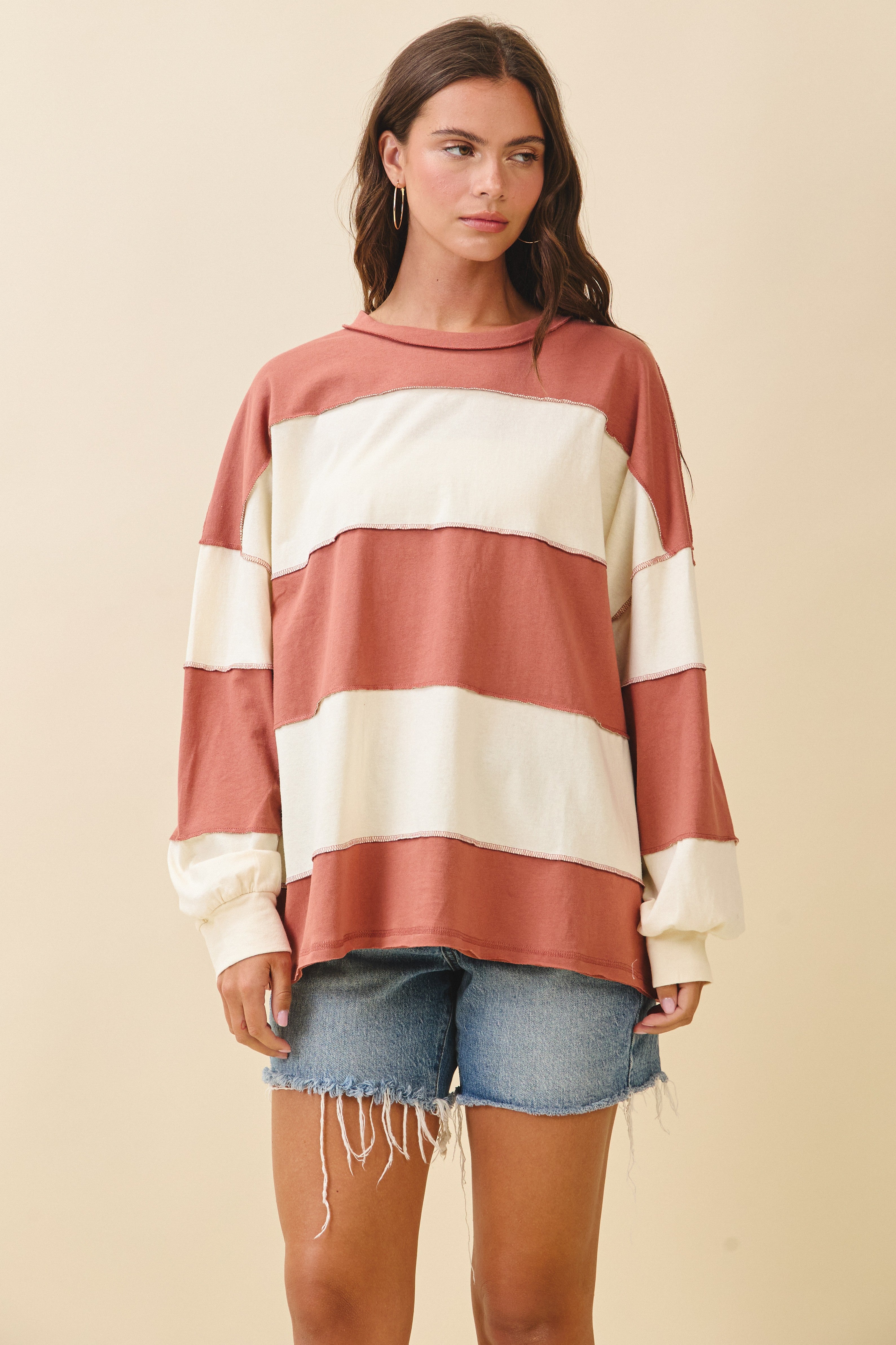 Contrast Panel Terracotta Butter Long Sleeve Slouchy Pullover