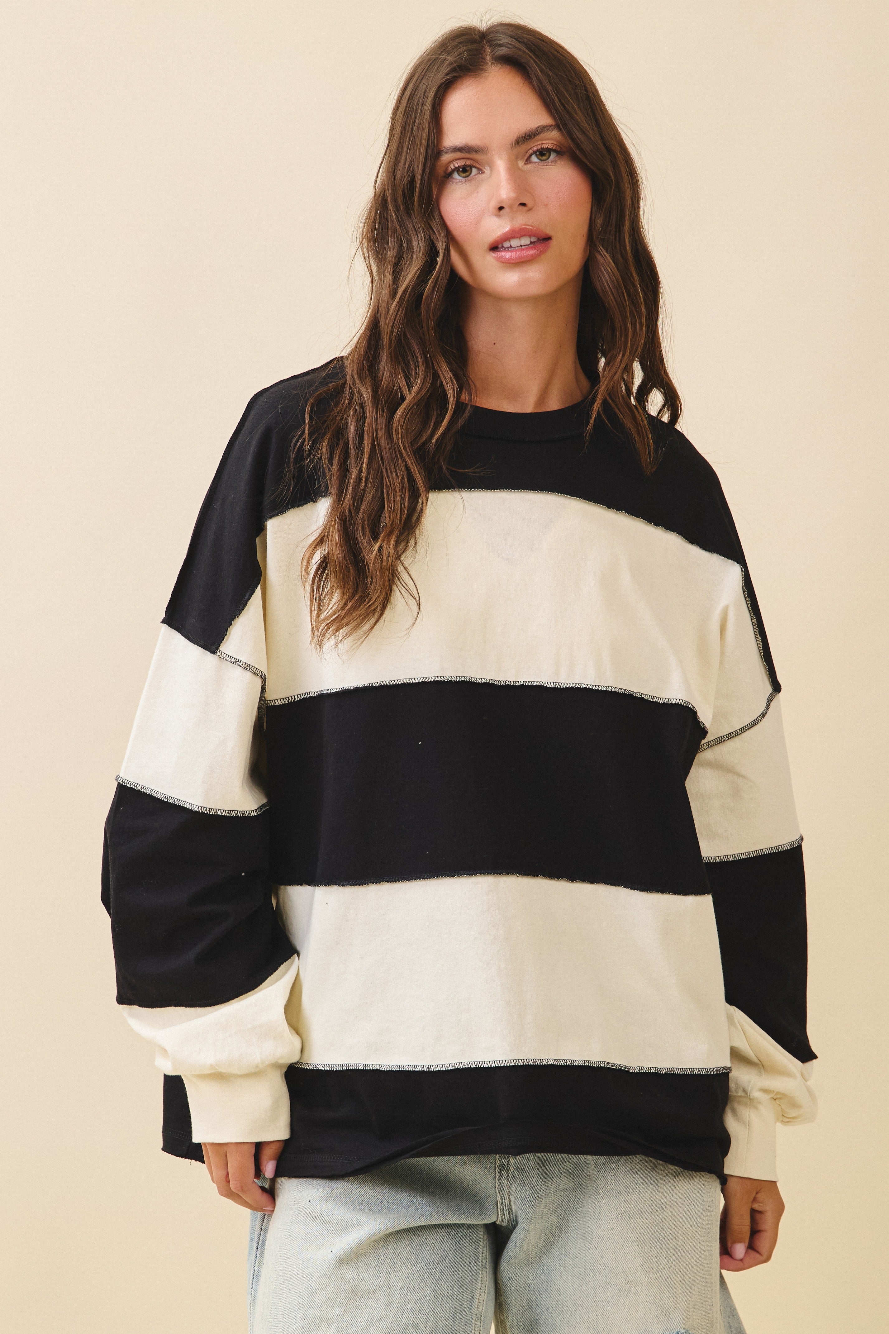 Contrast Panel Black Butter Long Sleeve Slouchy Pullover