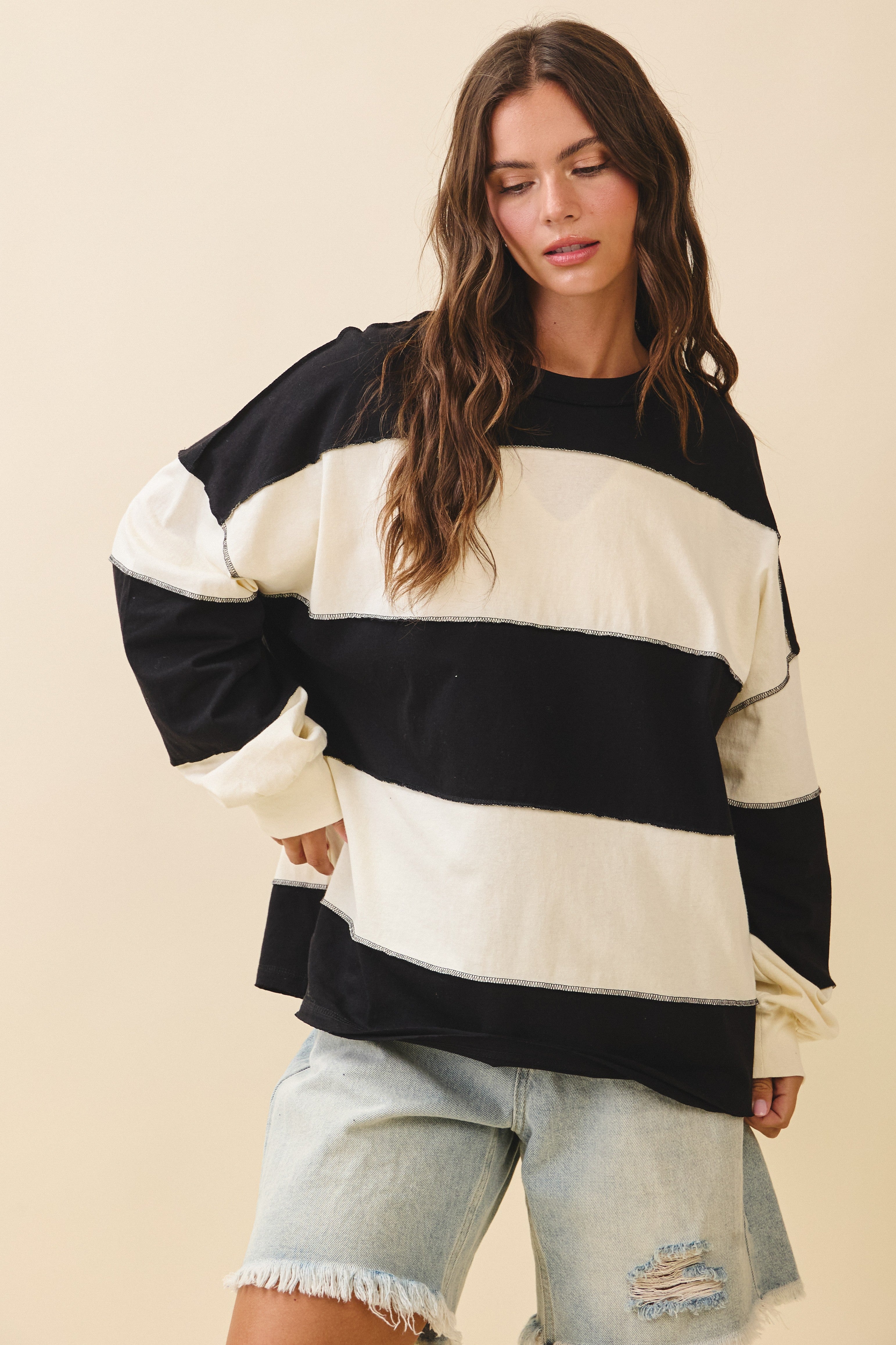 Contrast Panel Black Butter Long Sleeve Slouchy Pullover