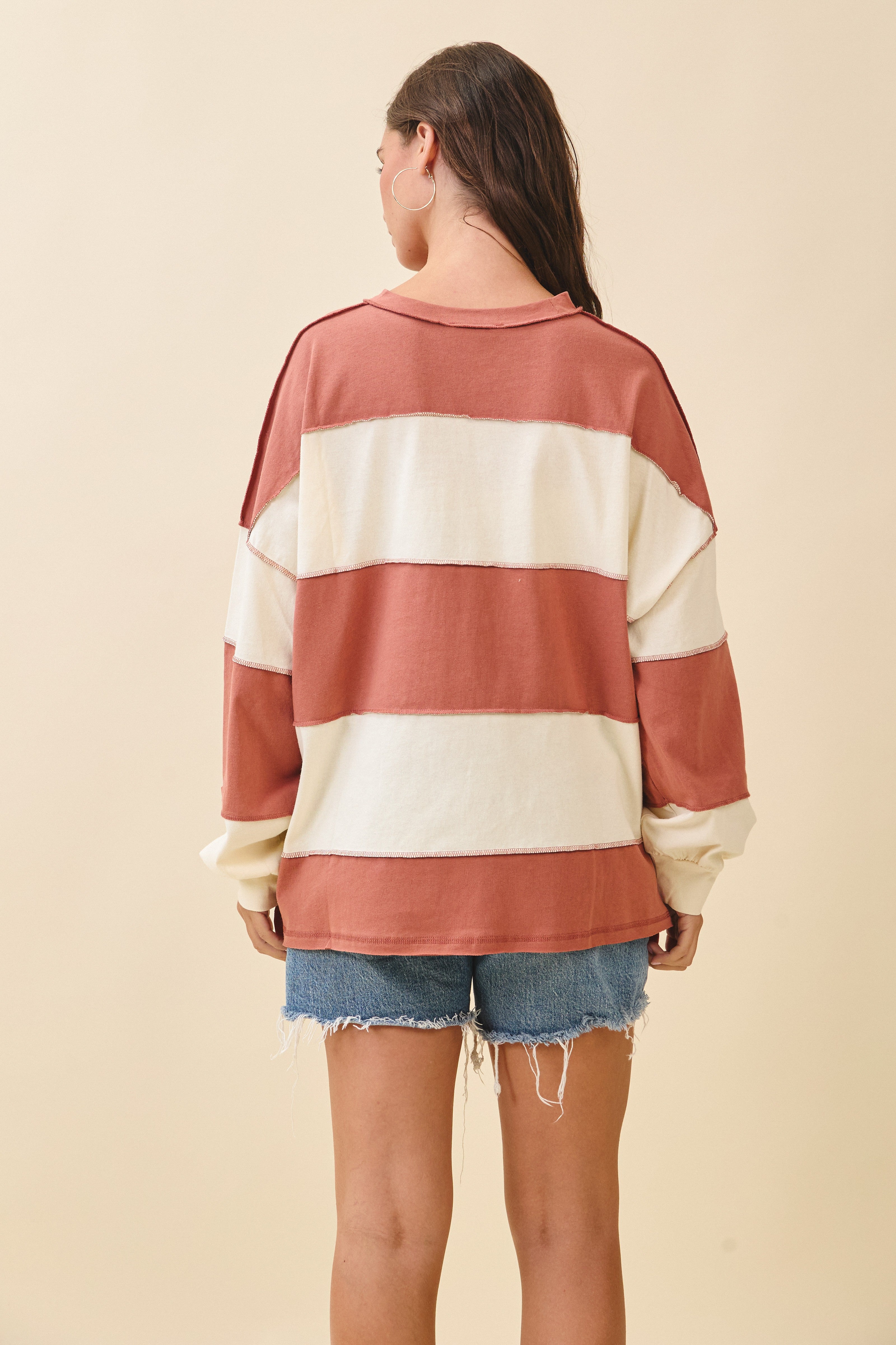 Contrast Panel Terracotta Butter Long Sleeve Slouchy Pullover