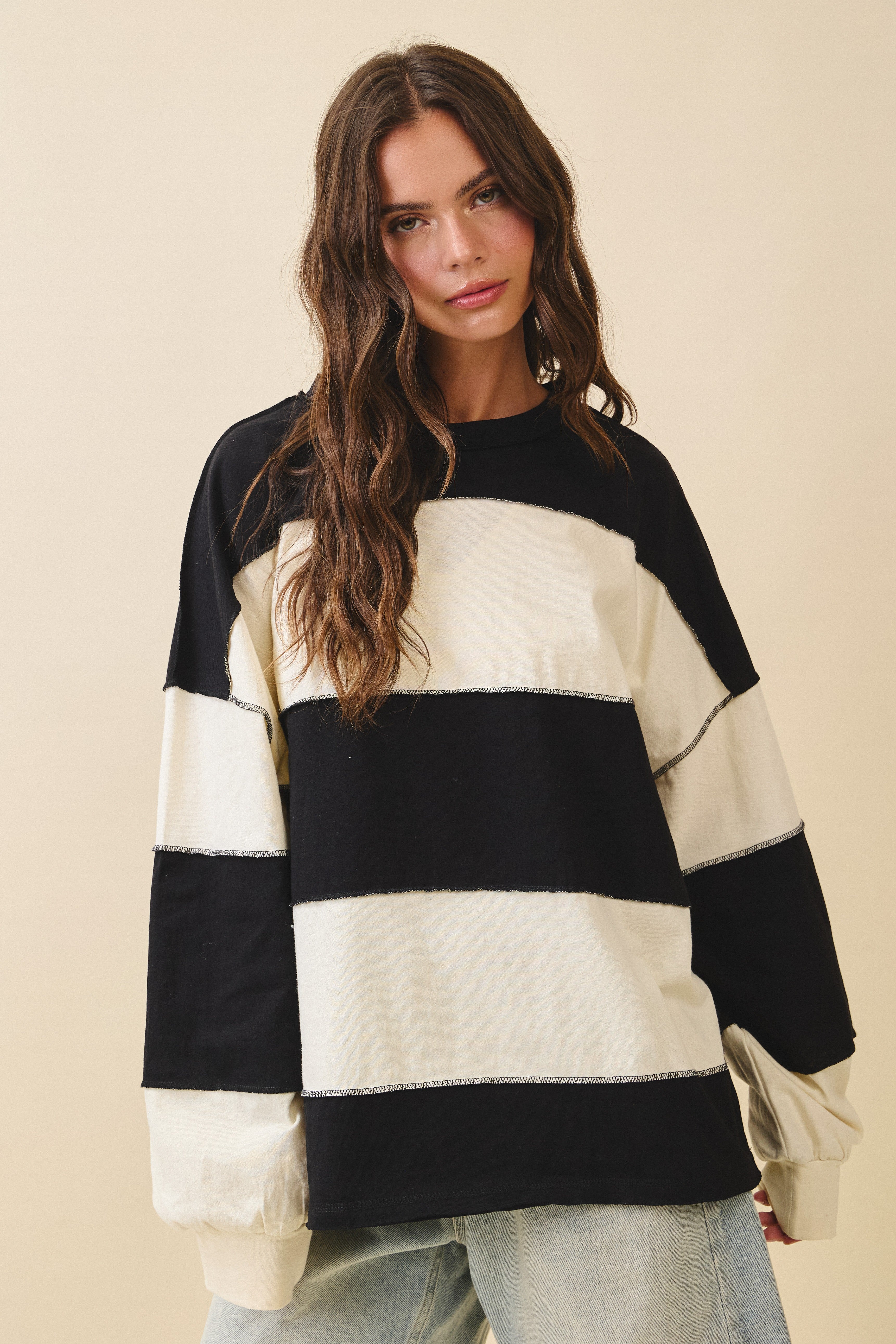 Contrast Panel Black Butter Long Sleeve Slouchy Pullover