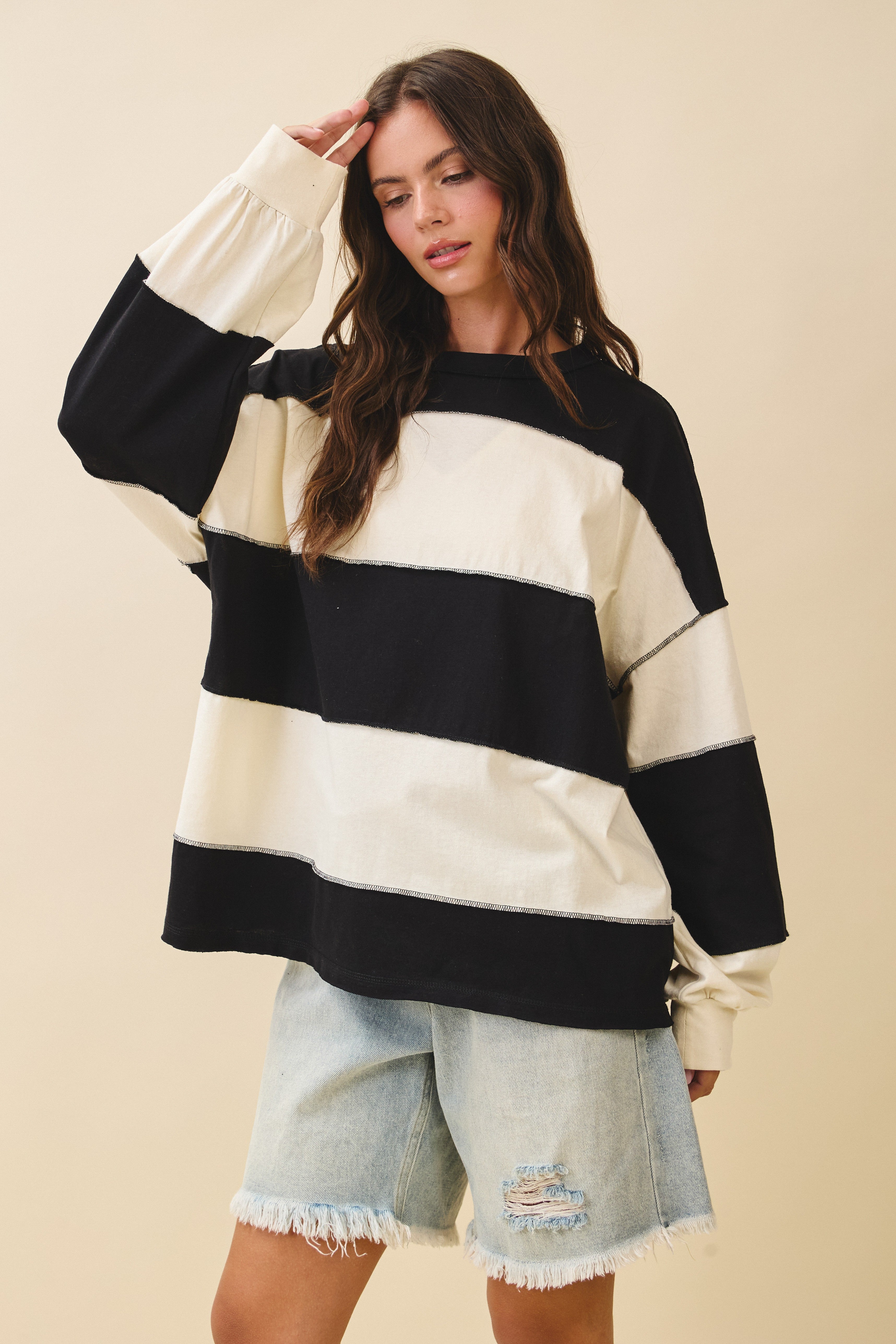 Contrast Panel Black Butter Long Sleeve Slouchy Pullover