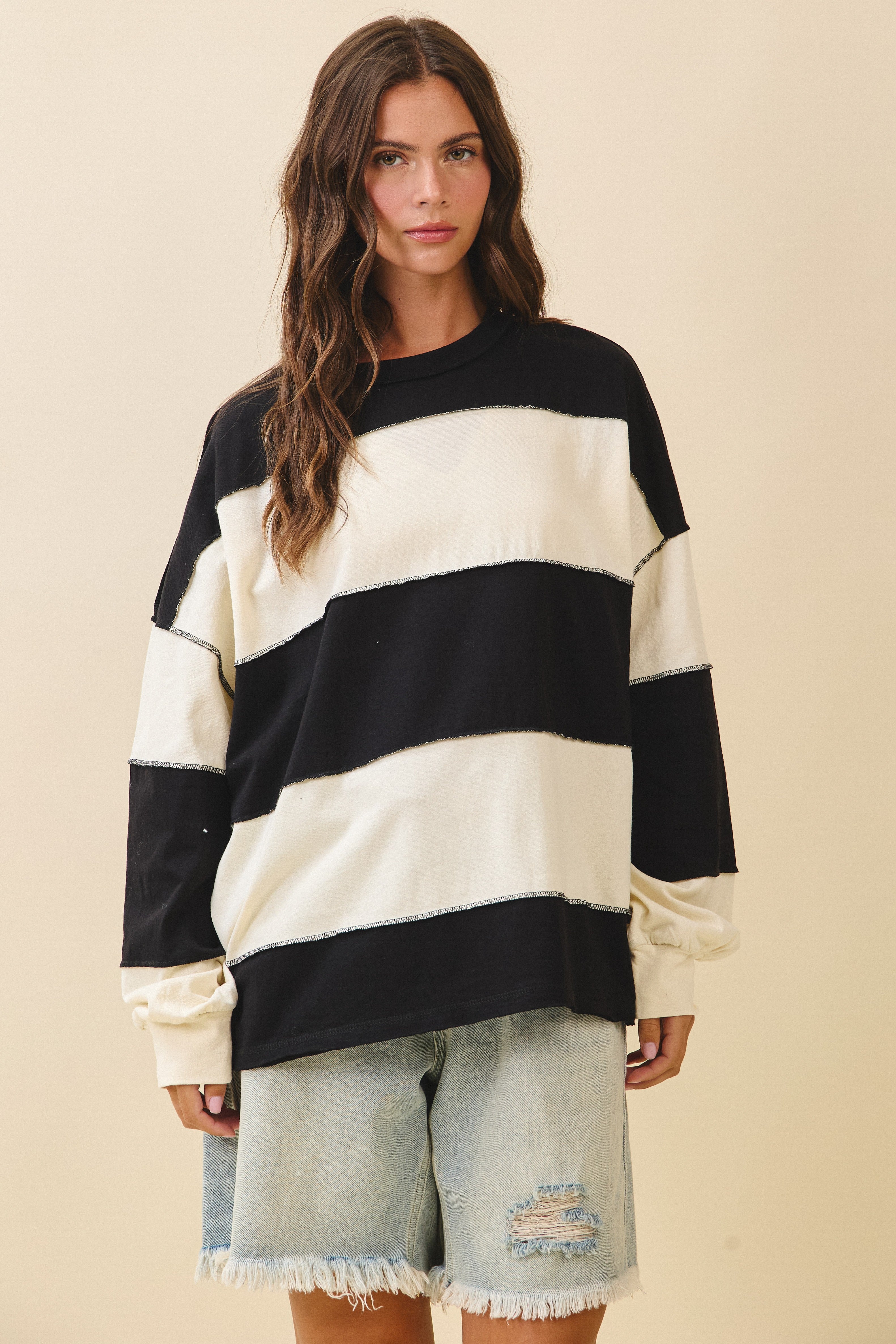Contrast Panel Black Butter Long Sleeve Slouchy Pullover