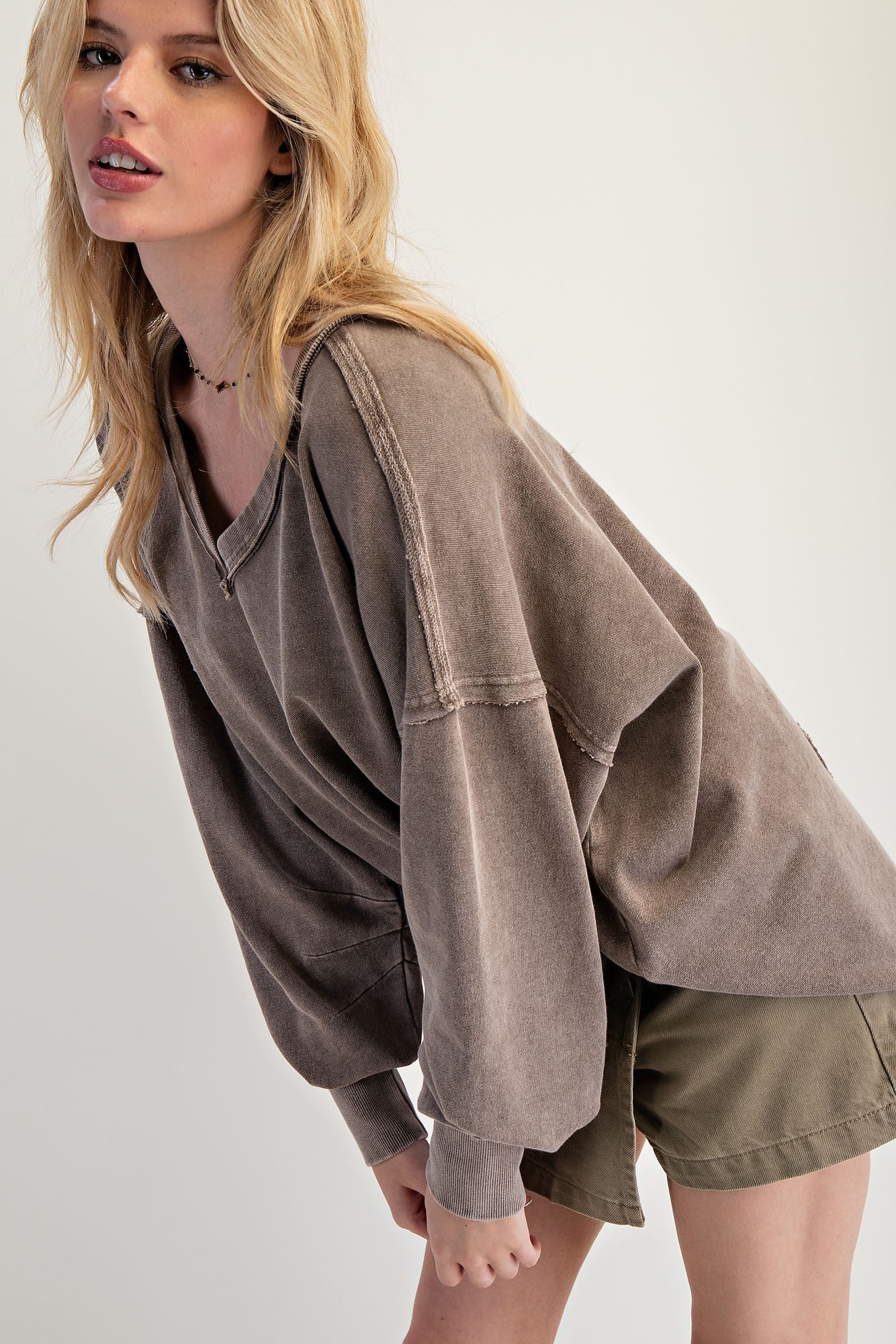 Deep V Neck Washed Mocha Terry Pullover