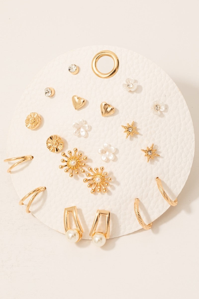 Floral Pearl And Heart Studs Mixed Earrings Set