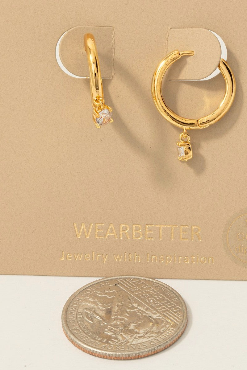 Gold Dipped Cz Charm Hinge Hoop Earrings