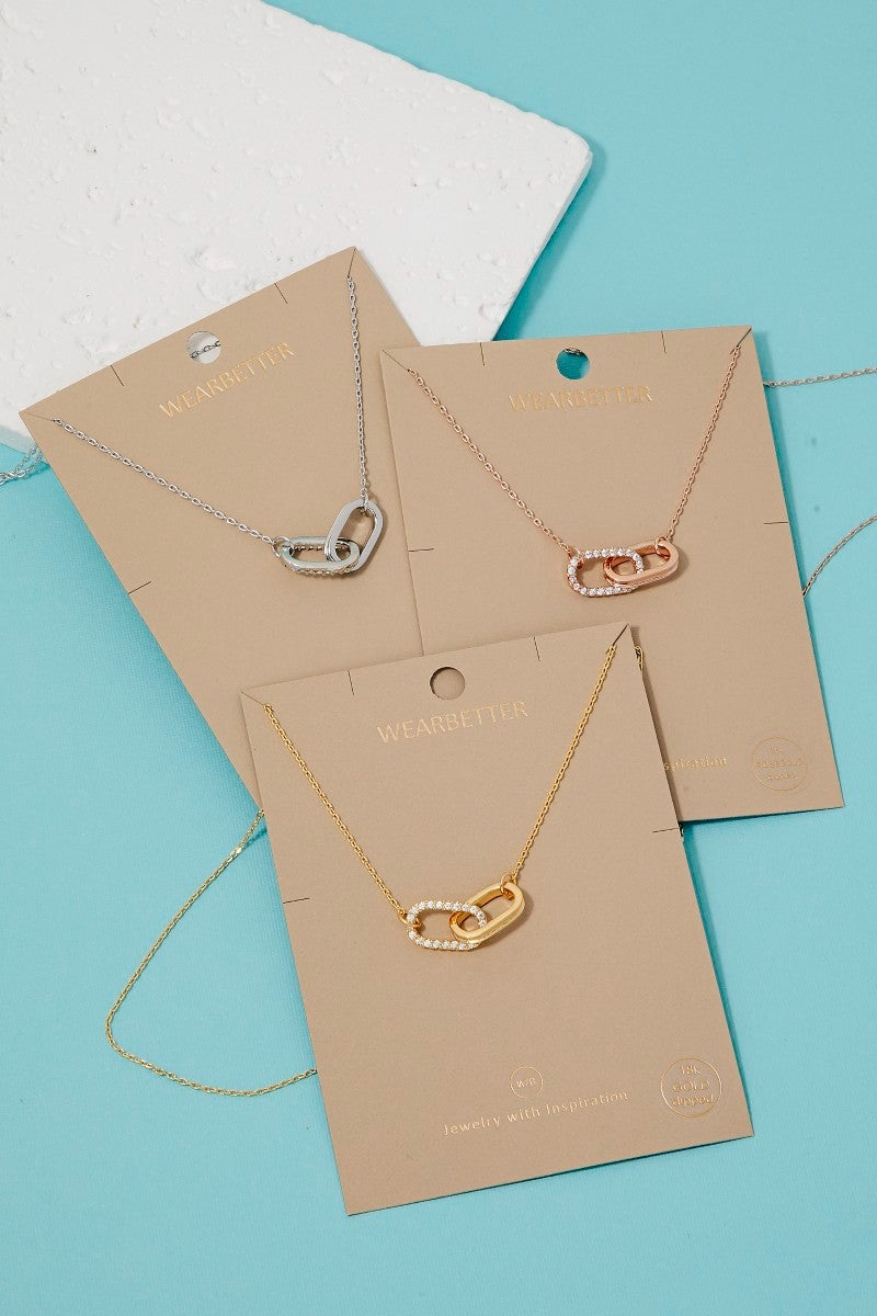 Gold Dipped Cz Pave Oval Link Pendant Necklace
