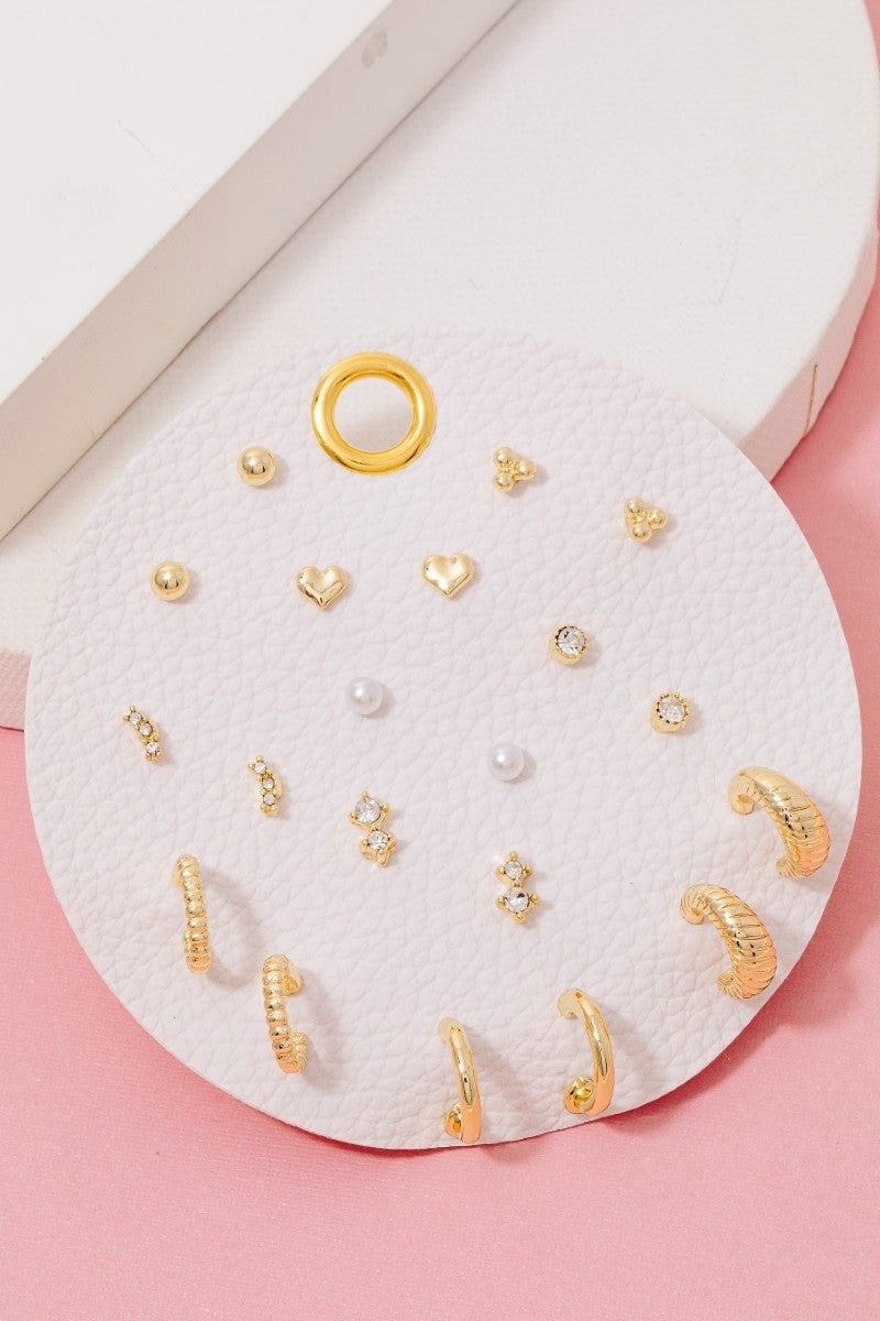 Heart Pearl Gems Mixed Stud And Hoop Earrings Set