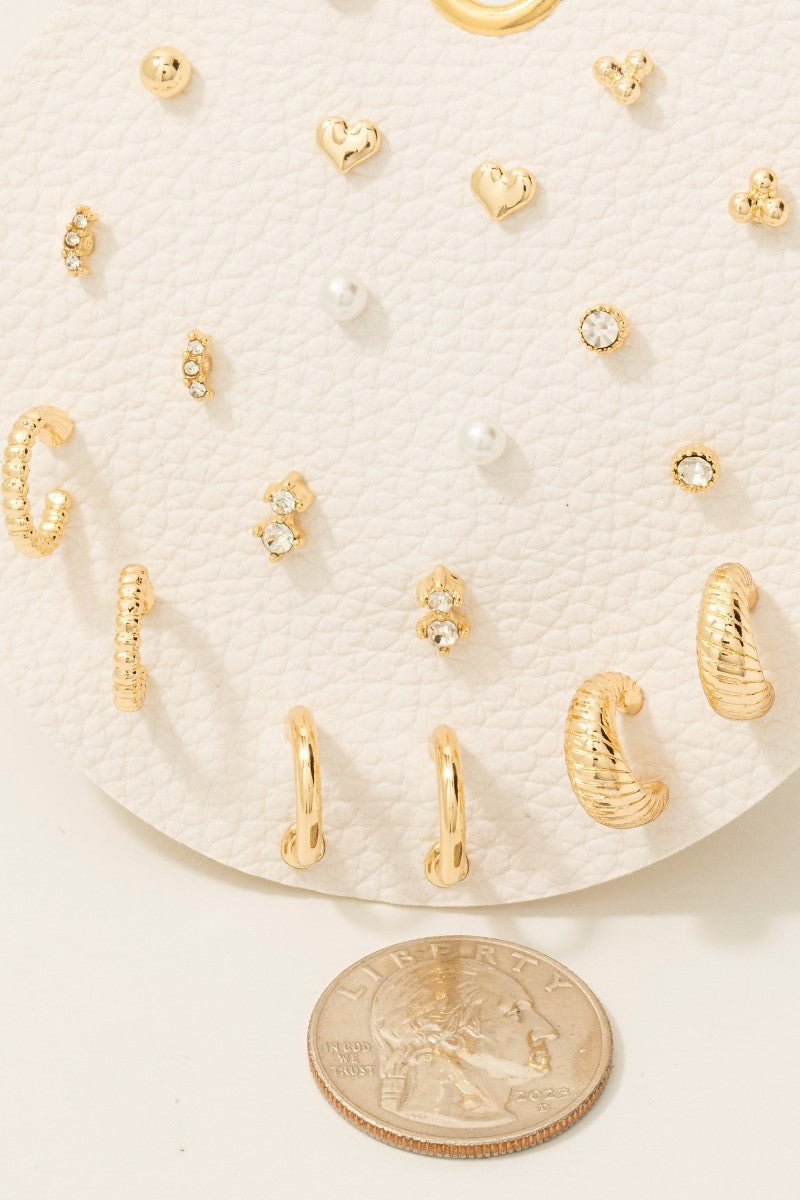 Heart Pearl Gems Mixed Stud And Hoop Earrings Set