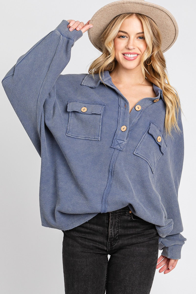 Denim Blue Mineral Wash Henley Pullover