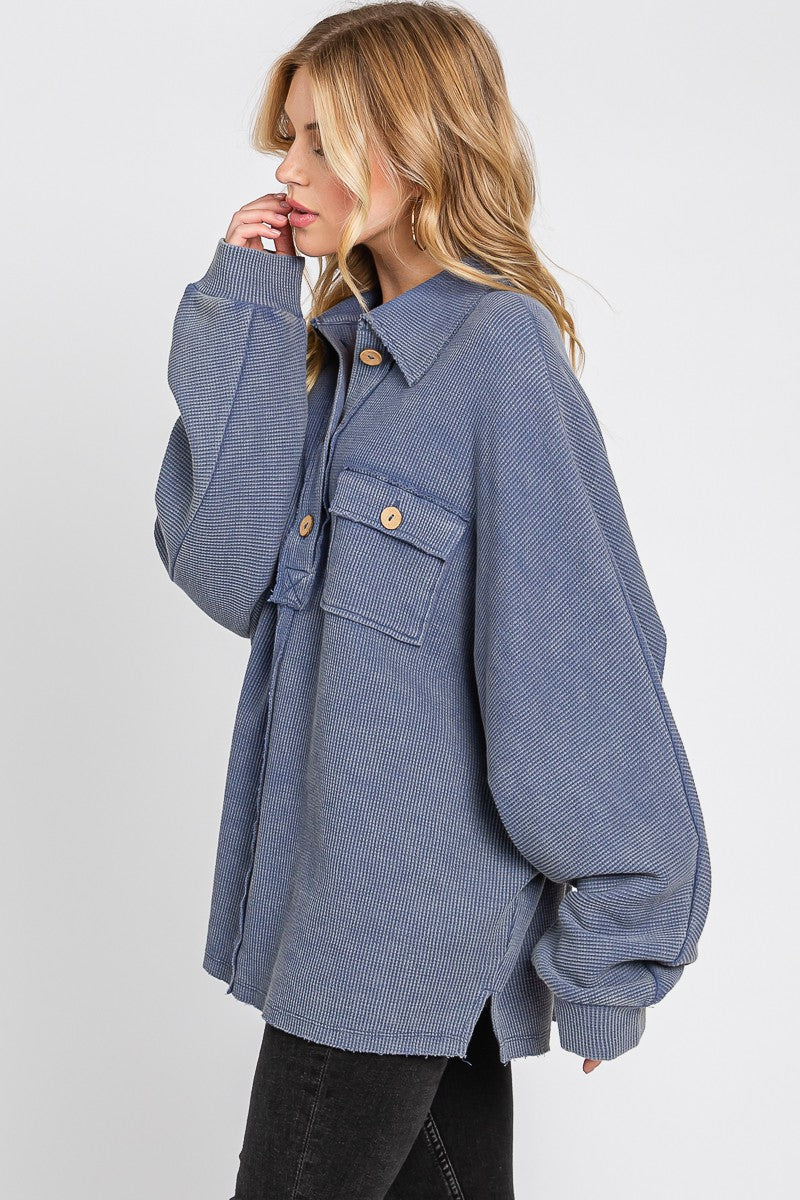 Denim Blue Mineral Wash Henley Pullover