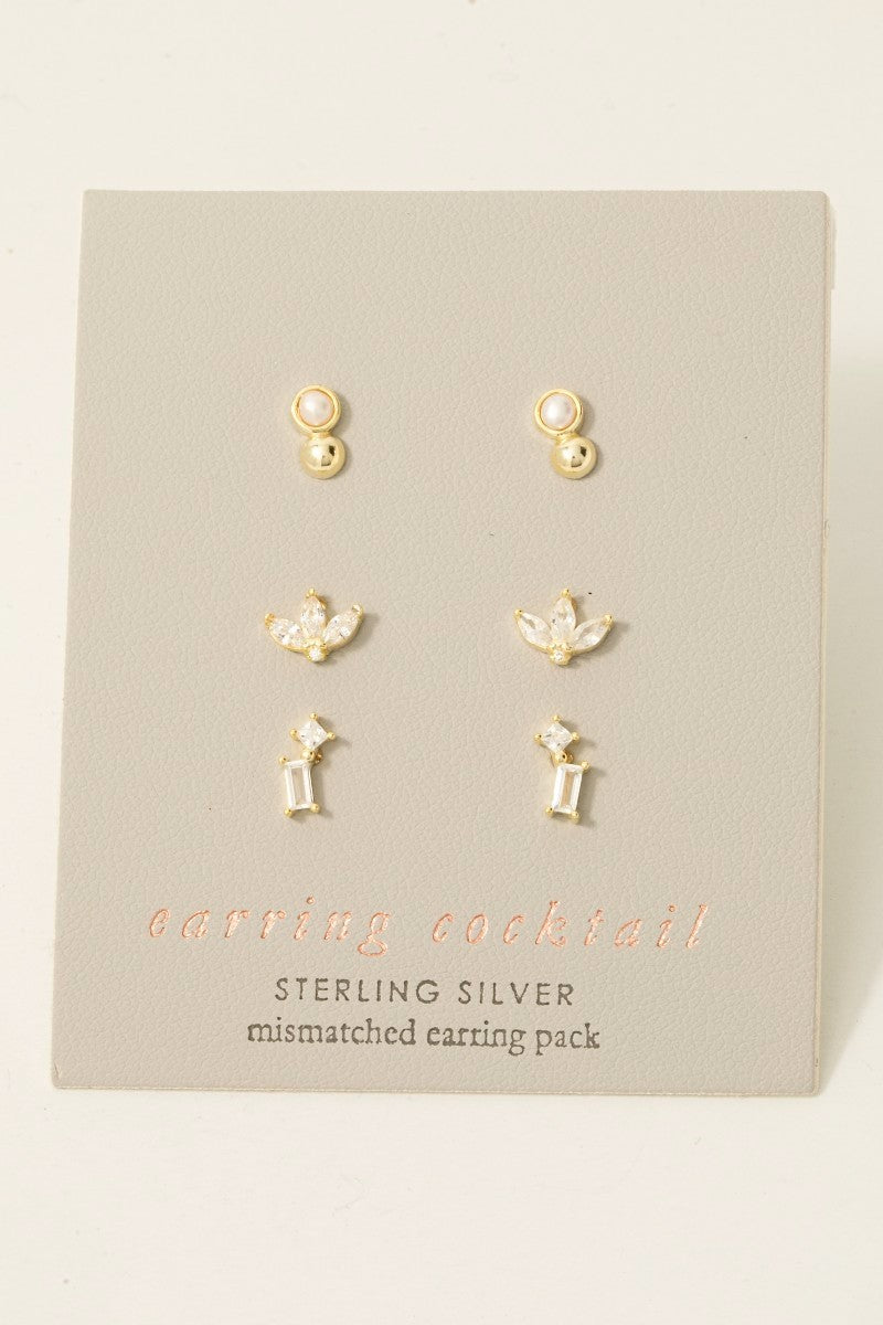 Mixed Sterling Silver Cz And Pearl Stud Earrings Set