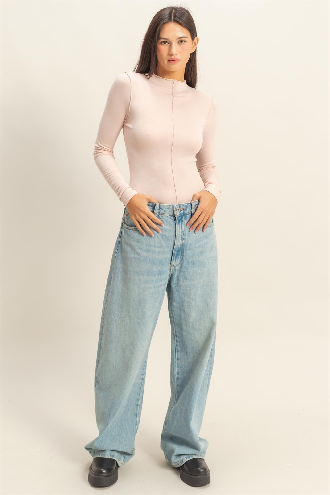 Blush Mock Neck Seam Detail Long Sleeve Top