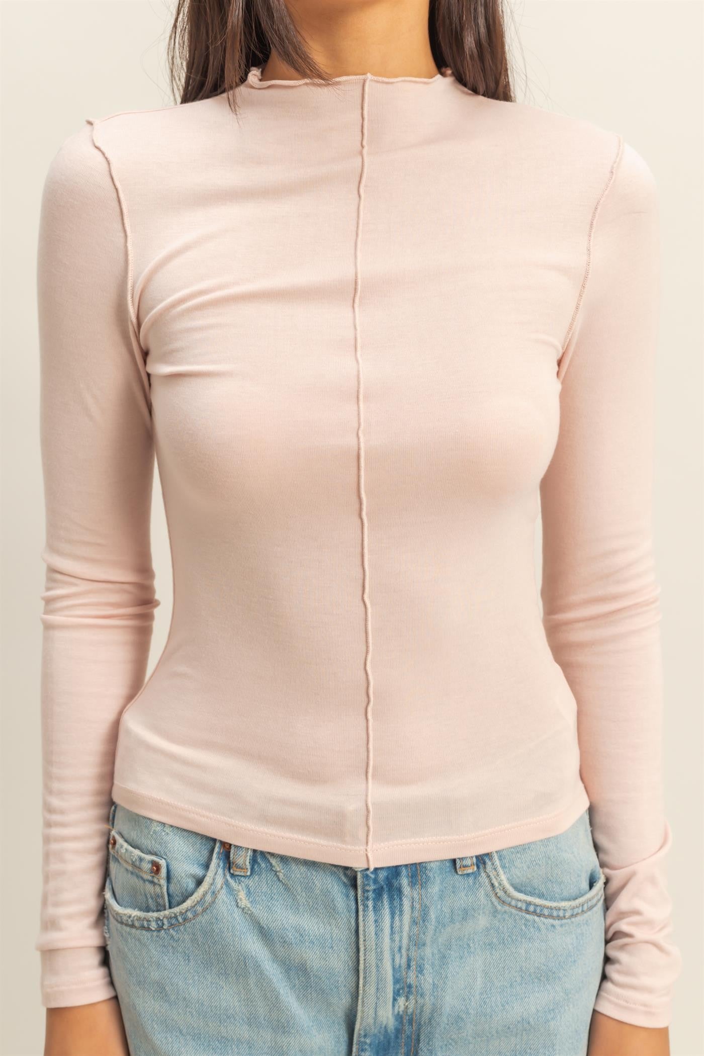 Blush Mock Neck Seam Detail Long Sleeve Top