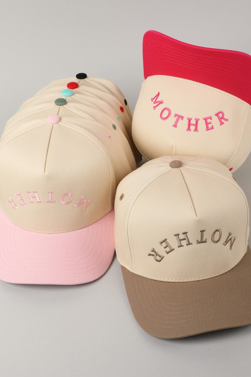 Mother Upside Down Lettering Beige Embroidered Trucker Hat