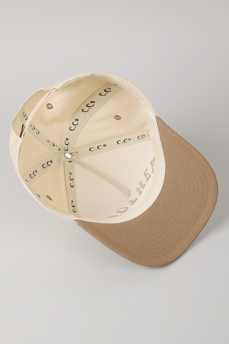 Mother Upside Down Lettering Beige Embroidered Trucker Hat