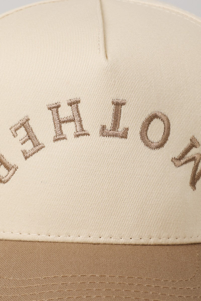 Mother Upside Down Lettering Beige Embroidered Trucker Hat