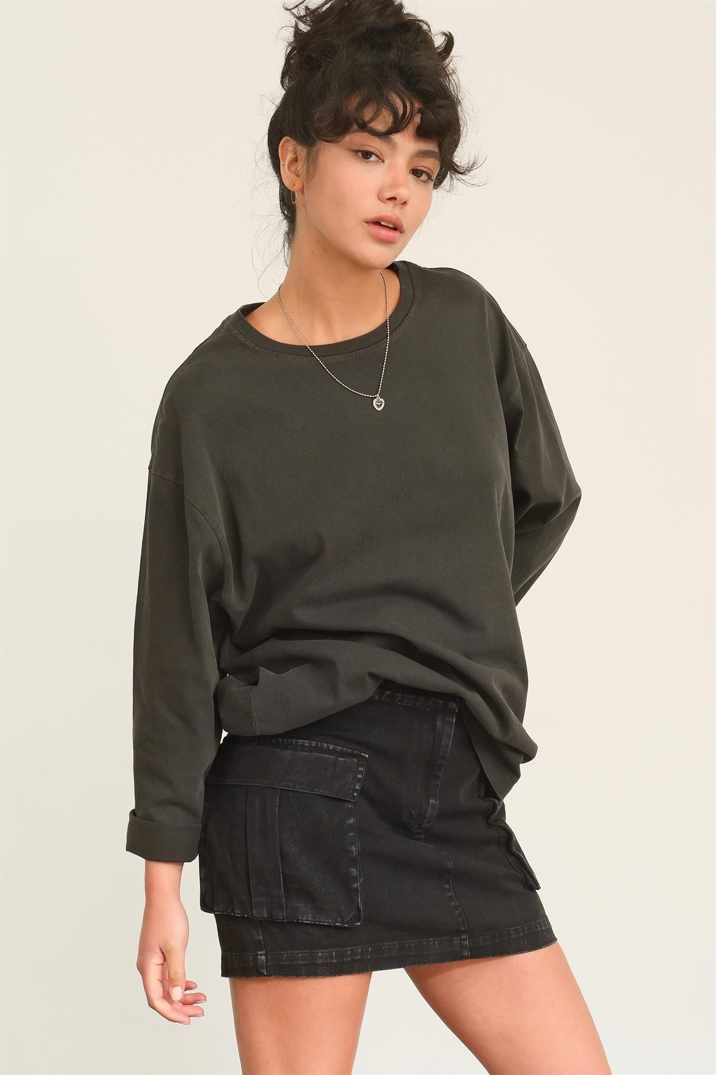 Oversized Black Crew Neck Long Sleeve Tee