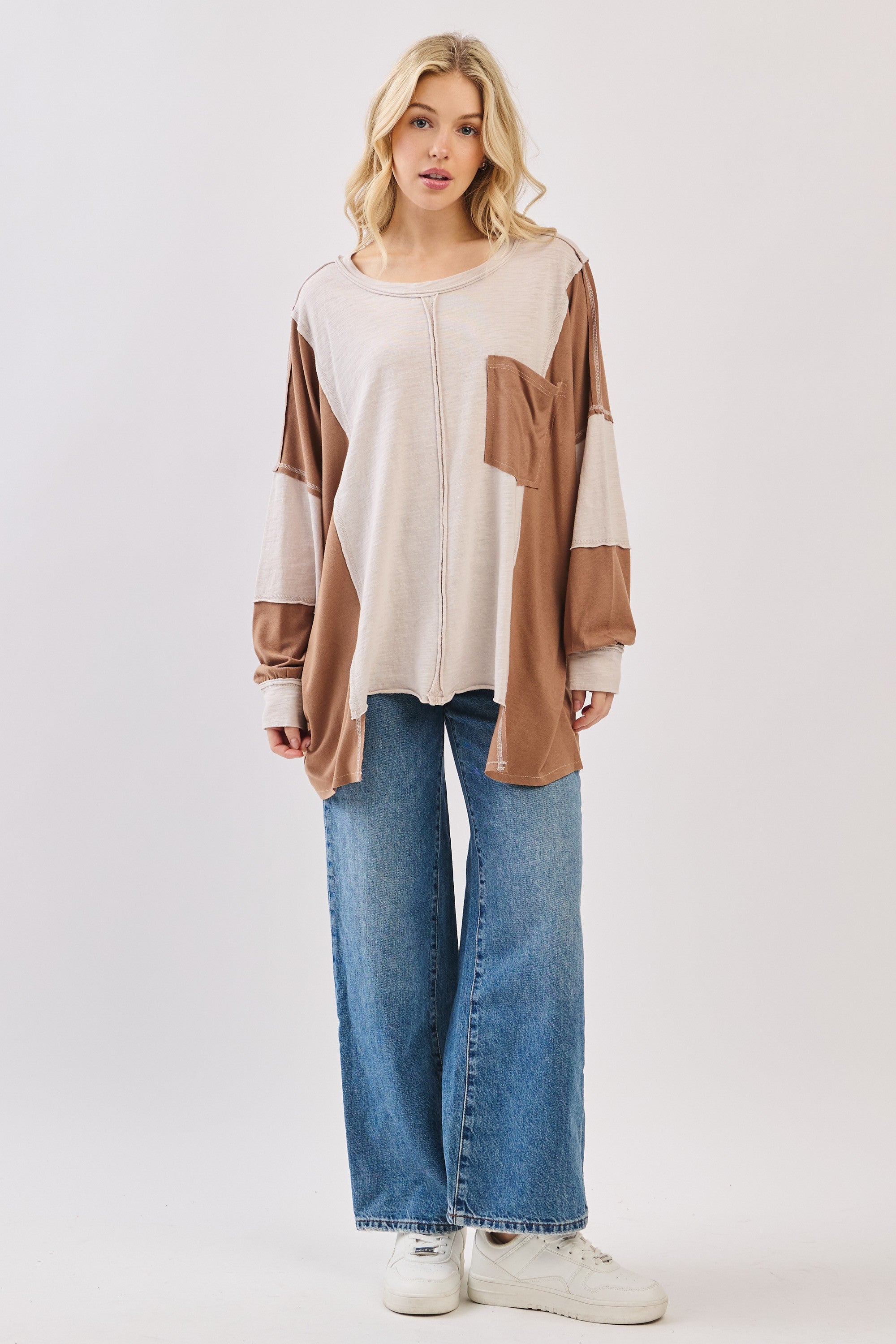 Oversized Taupe Combo Patchwork Knit Long Sleeve Top