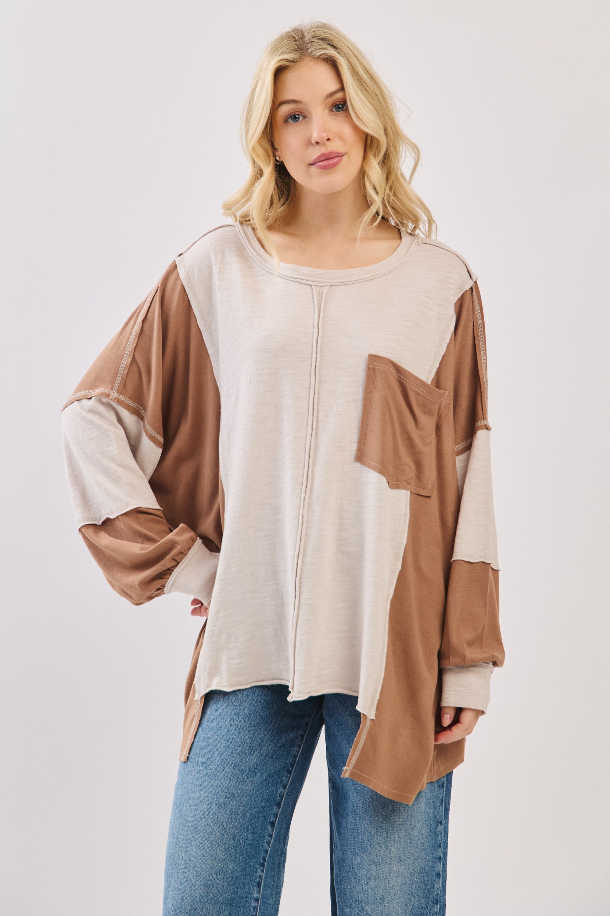Oversized Taupe Combo Patchwork Knit Long Sleeve Top