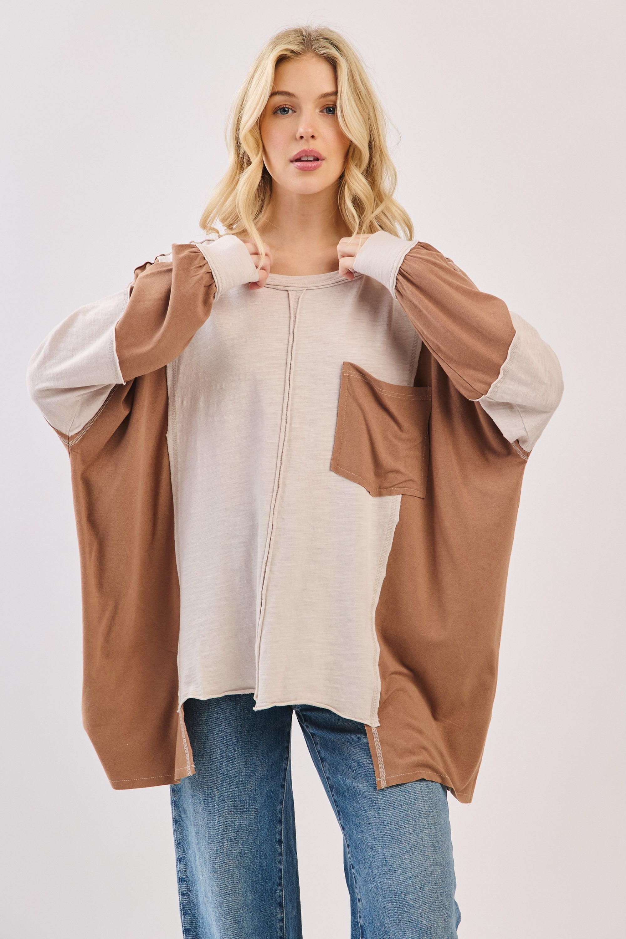 Oversized Taupe Combo Patchwork Knit Long Sleeve Top