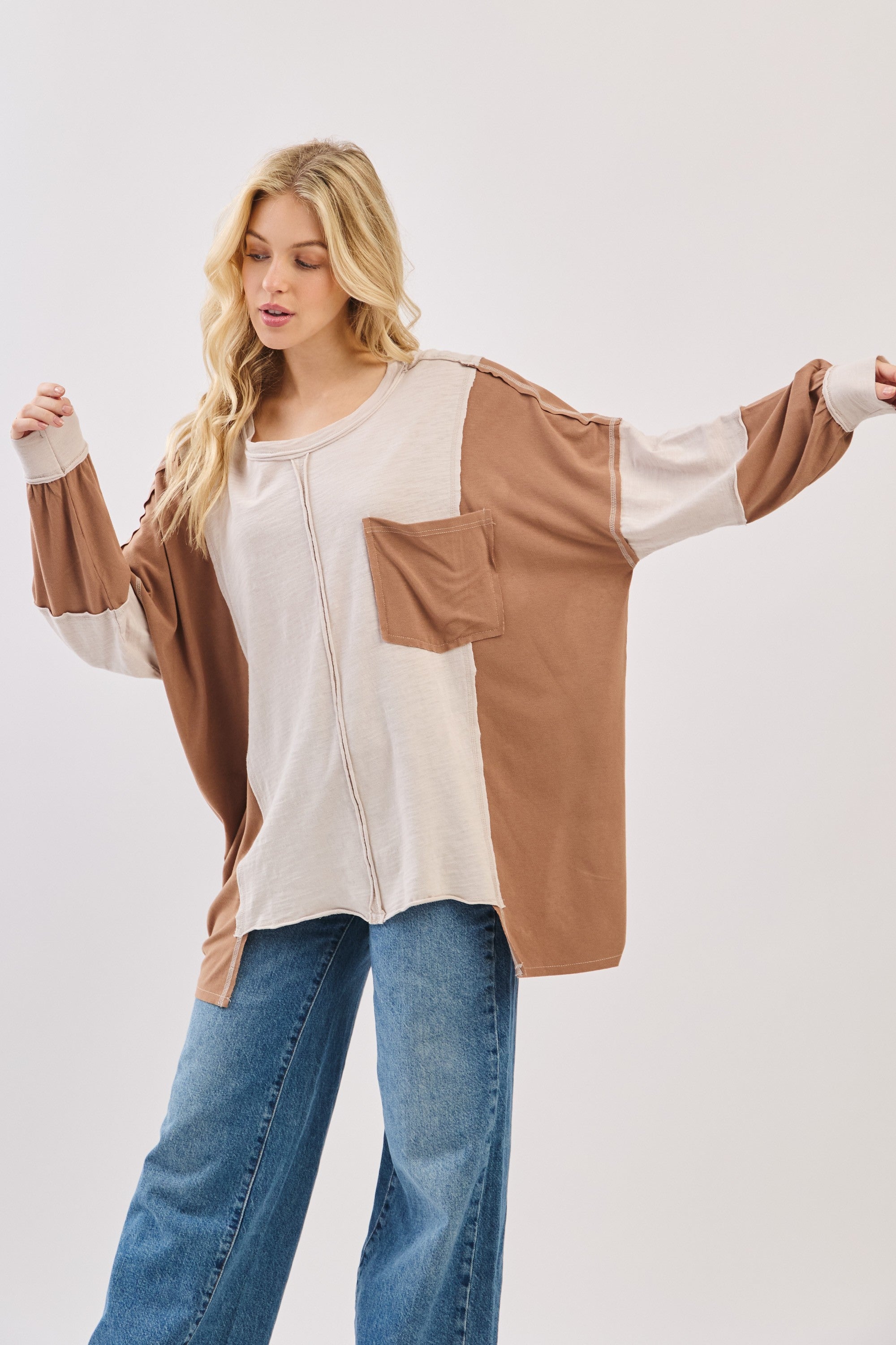 Oversized Taupe Combo Patchwork Knit Long Sleeve Top