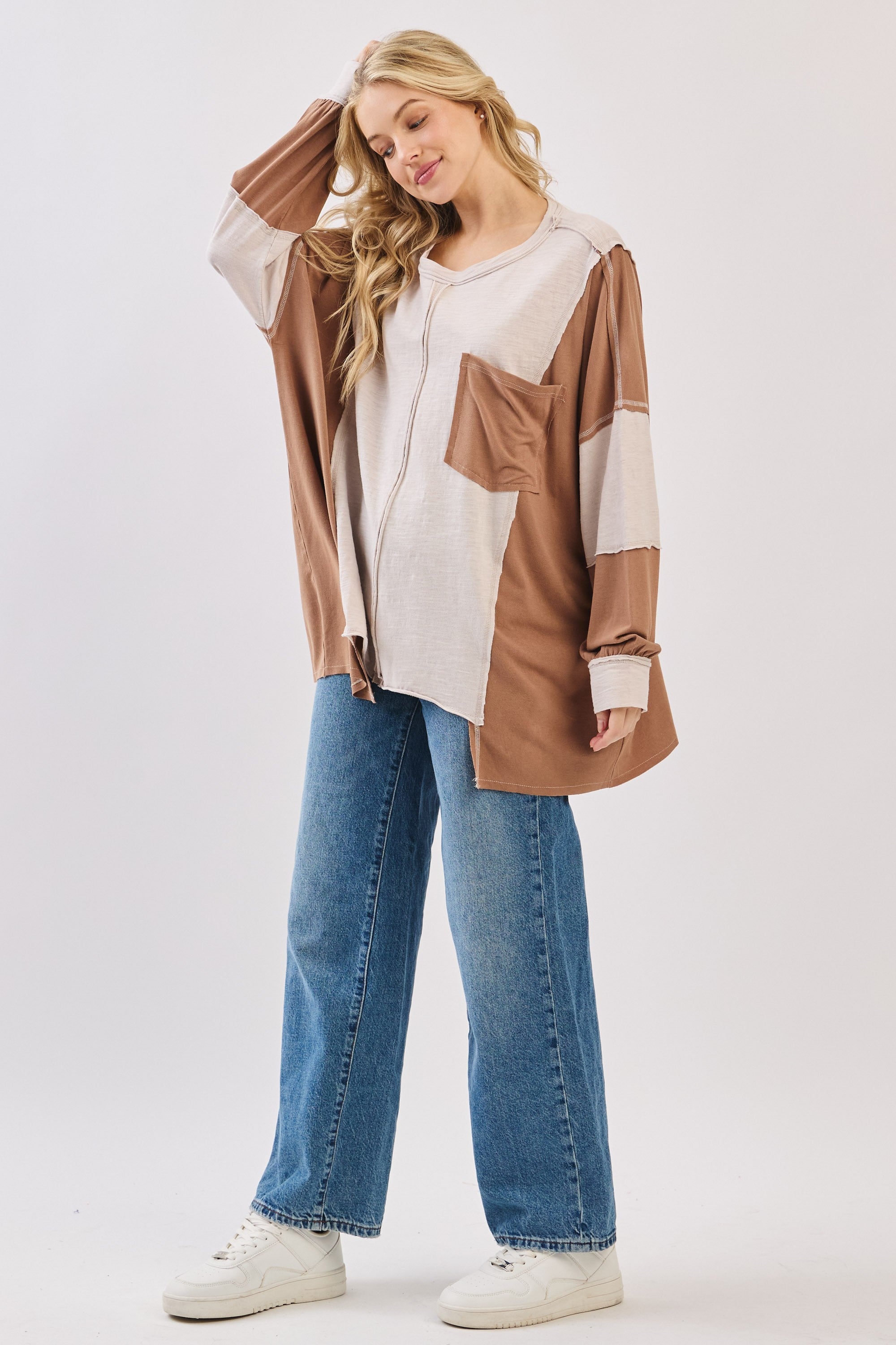 Oversized Taupe Combo Patchwork Knit Long Sleeve Top