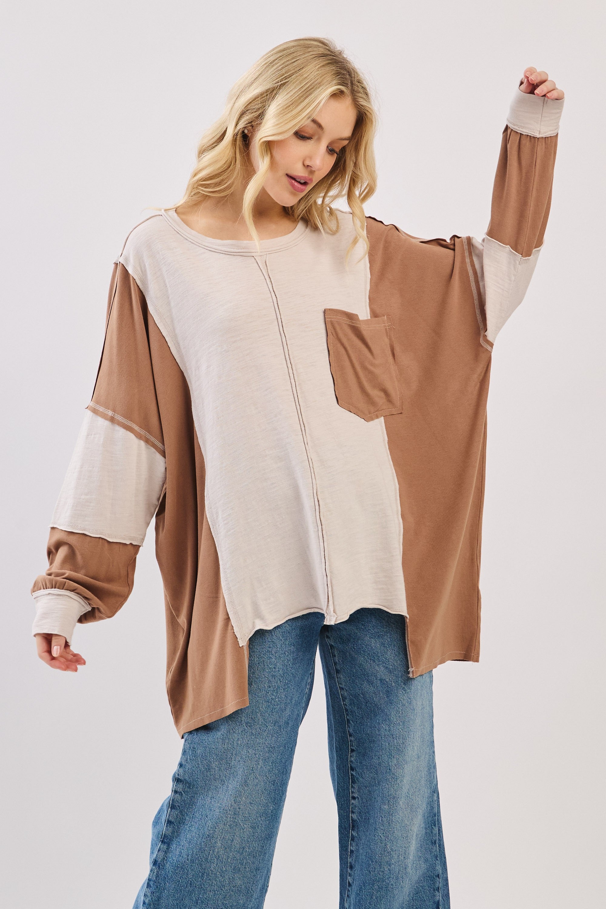 Oversized Taupe Combo Patchwork Knit Long Sleeve Top