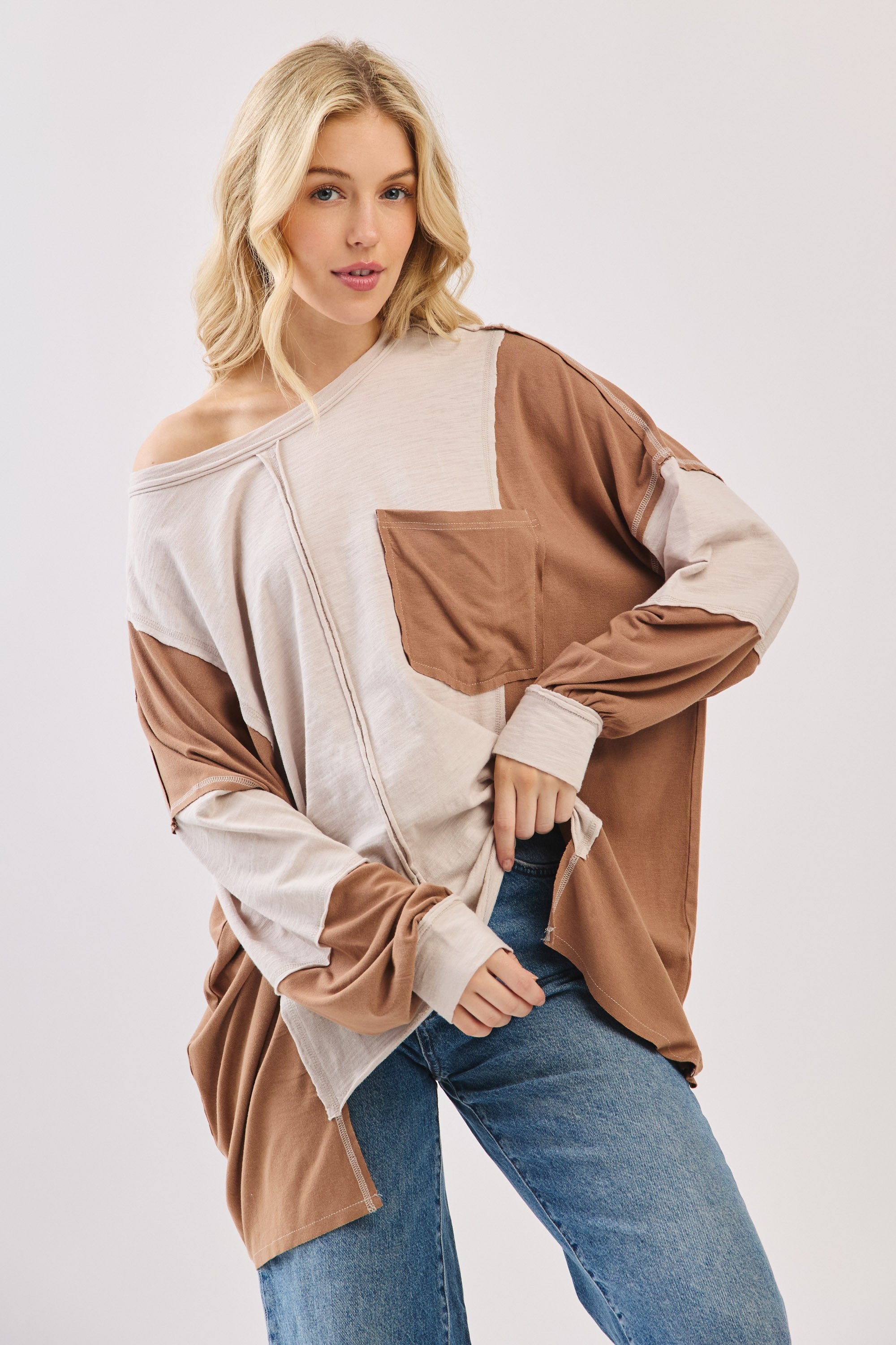 Oversized Taupe Combo Patchwork Knit Long Sleeve Top
