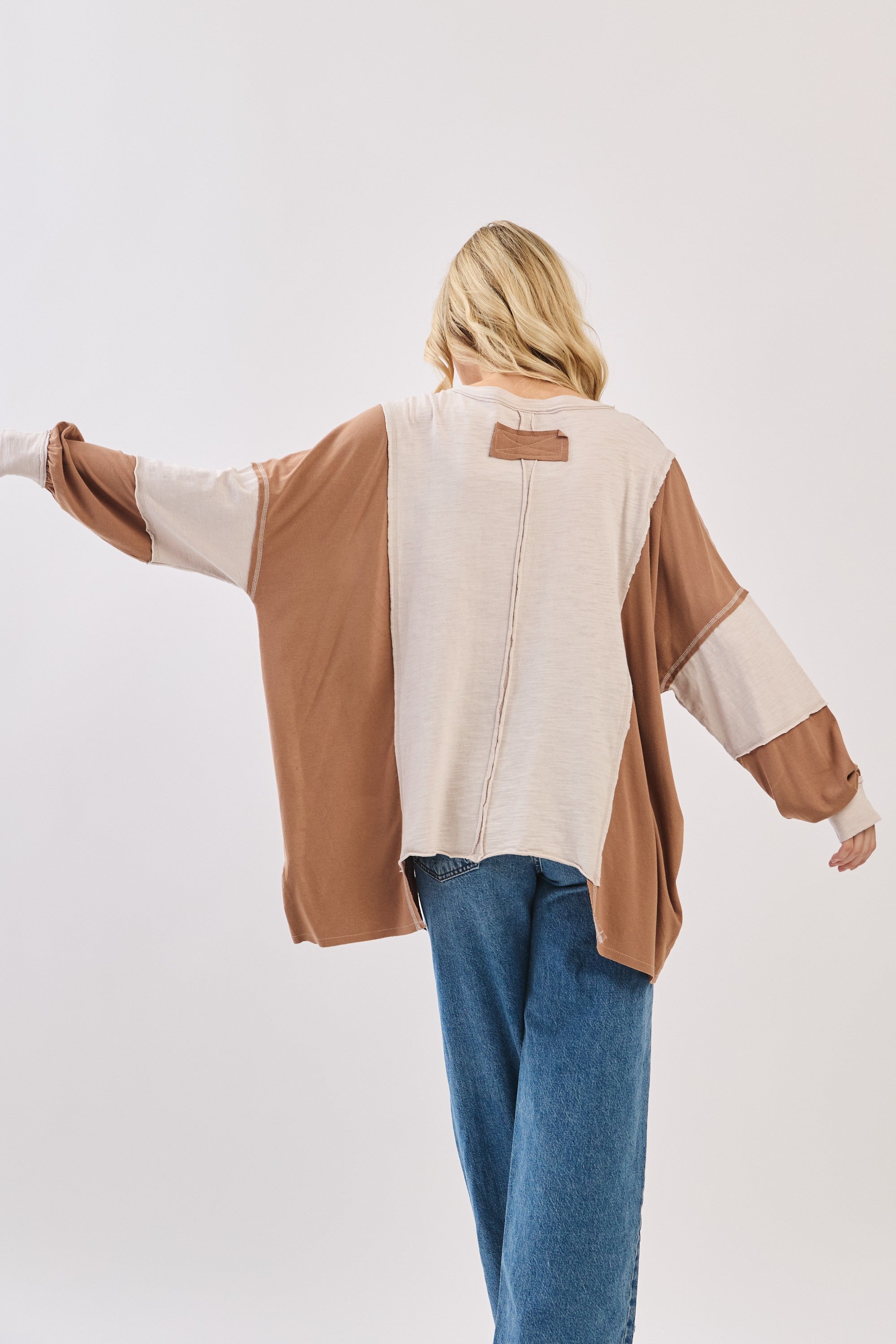 Oversized Taupe Combo Patchwork Knit Long Sleeve Top