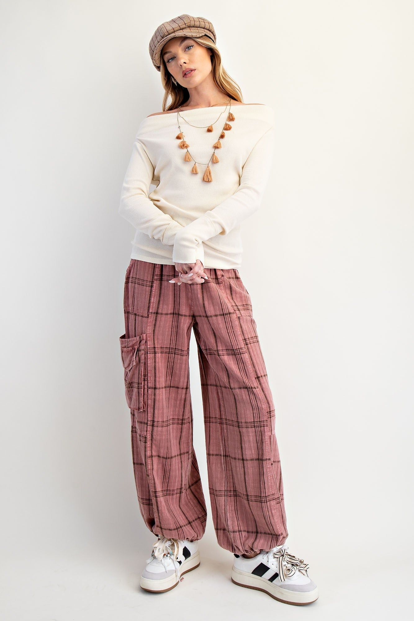 Plaid Mauve Mineral Washed Pants