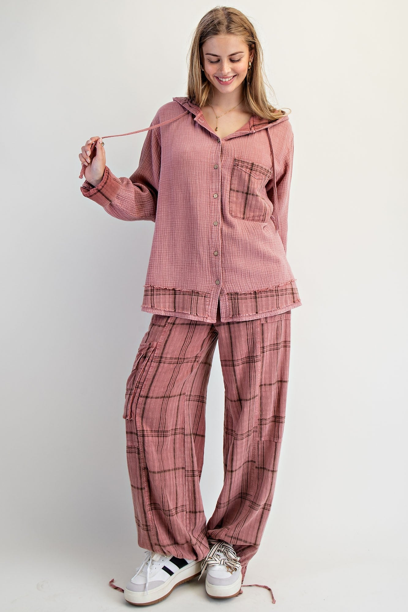 Plaid Mauve Mineral Washed Pants