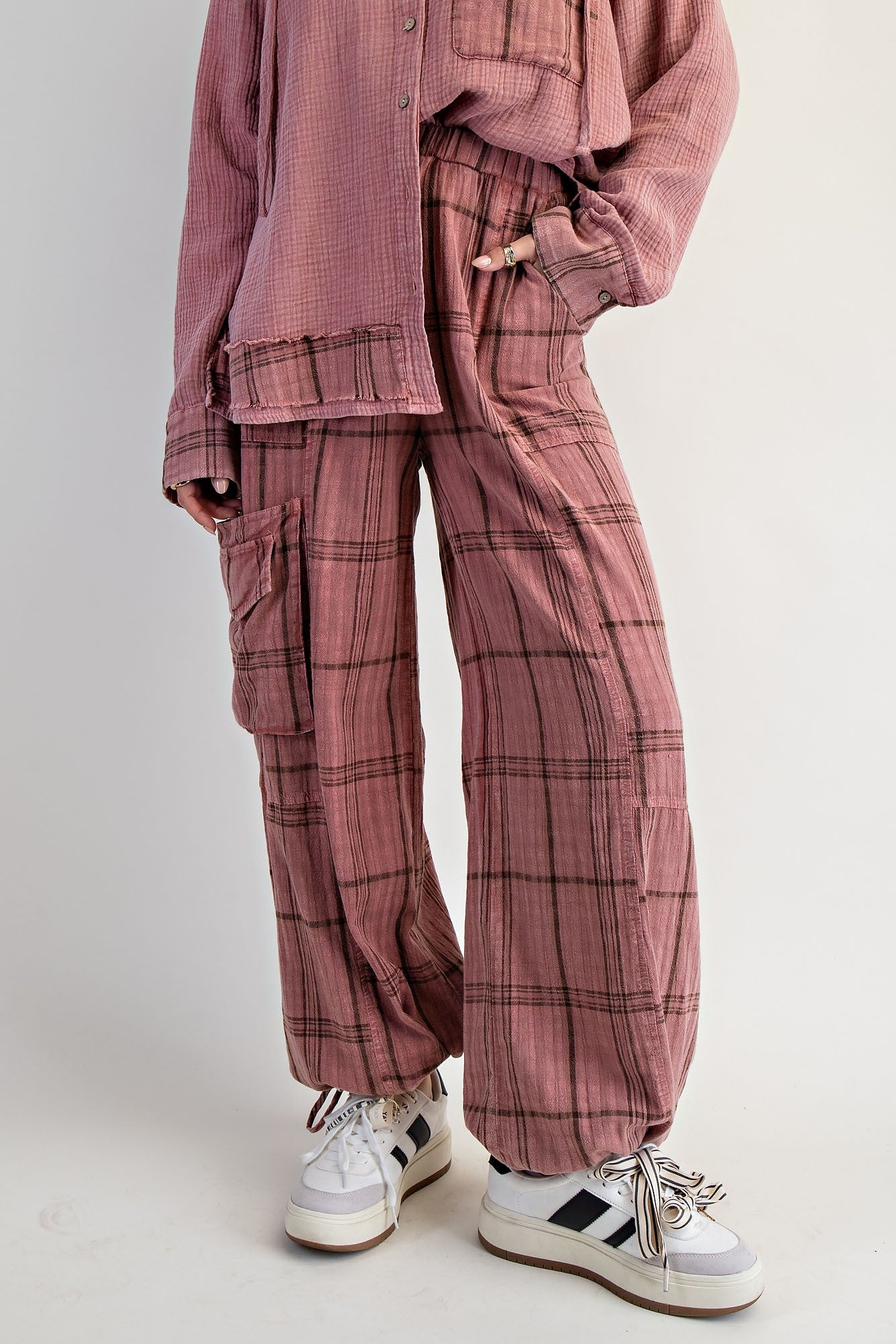Plaid Mauve Mineral Washed Pants
