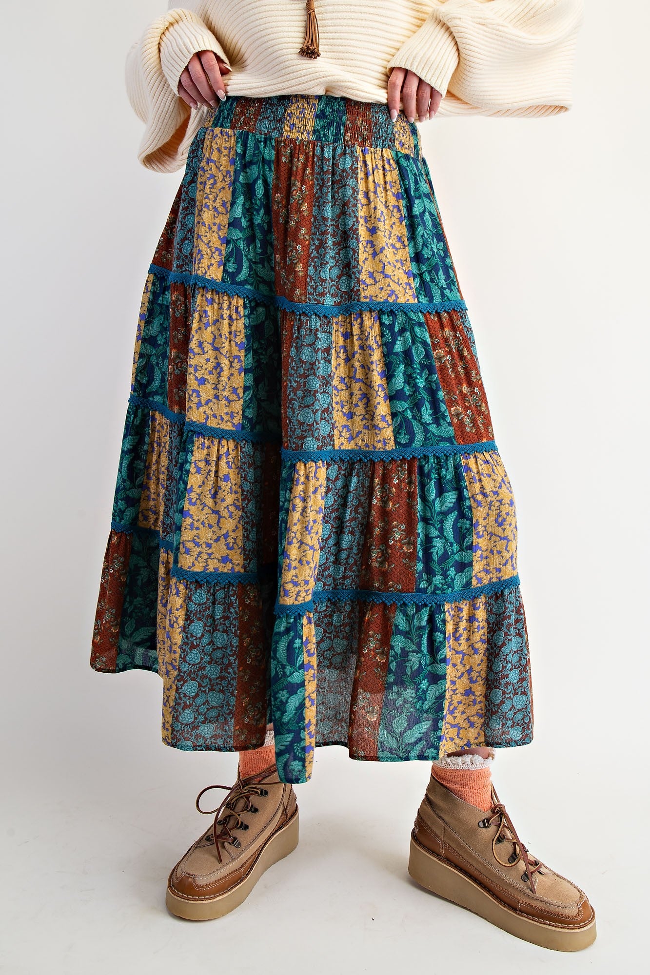 Printed Rayon Gauze Tiered Teal Brown Maxi Skirt