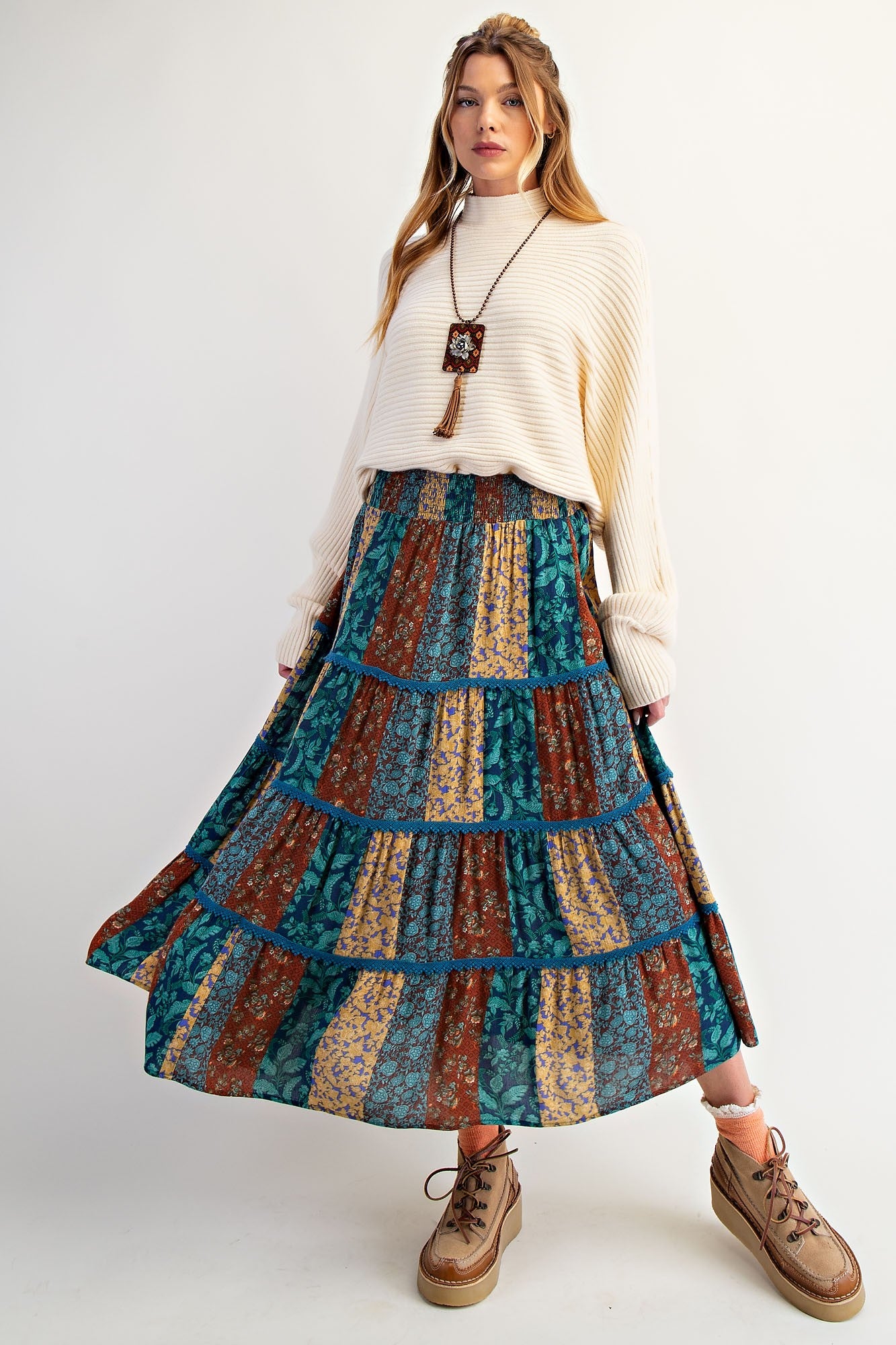 Printed Rayon Gauze Tiered Teal Brown Maxi Skirt