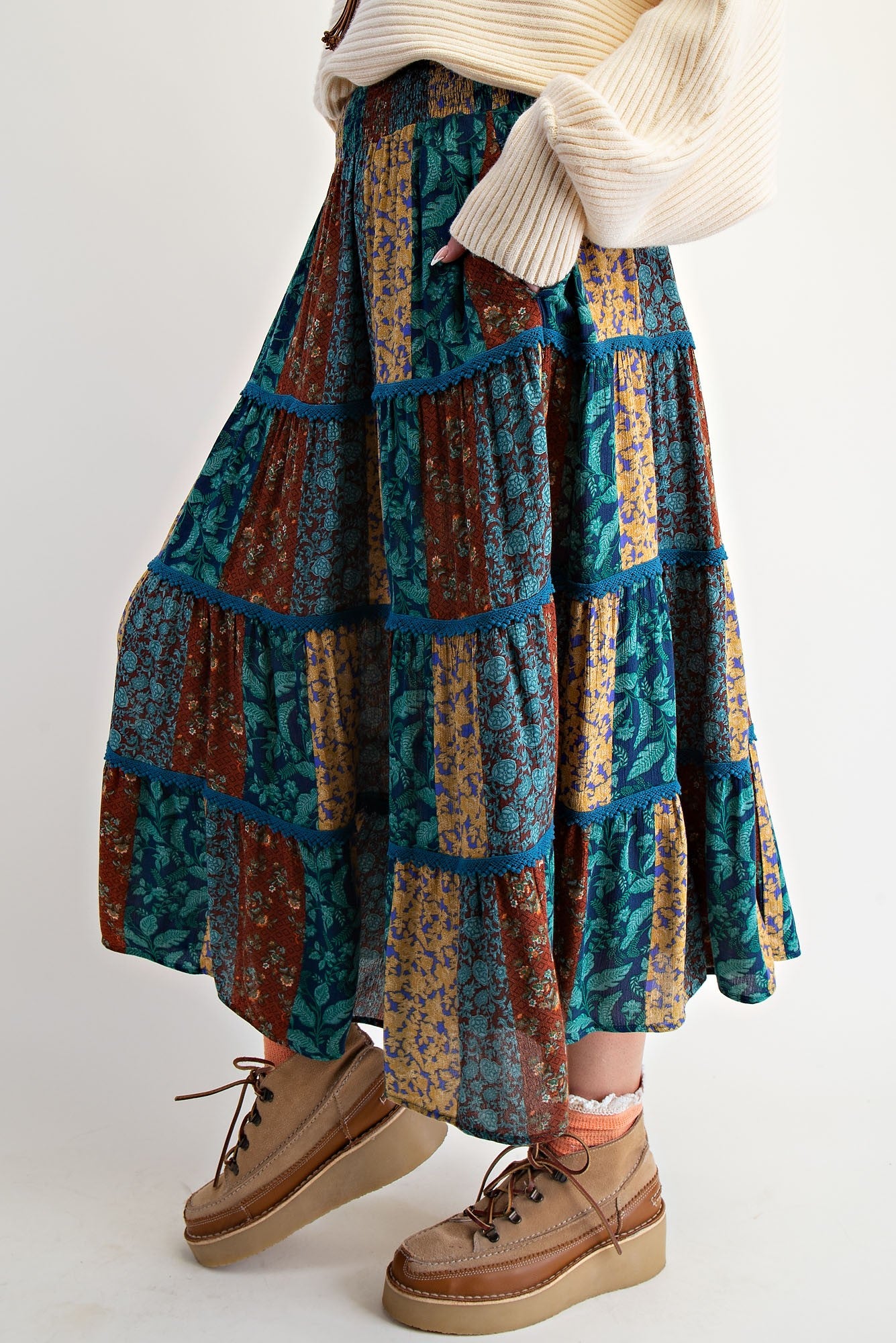 Printed Rayon Gauze Tiered Teal Brown Maxi Skirt