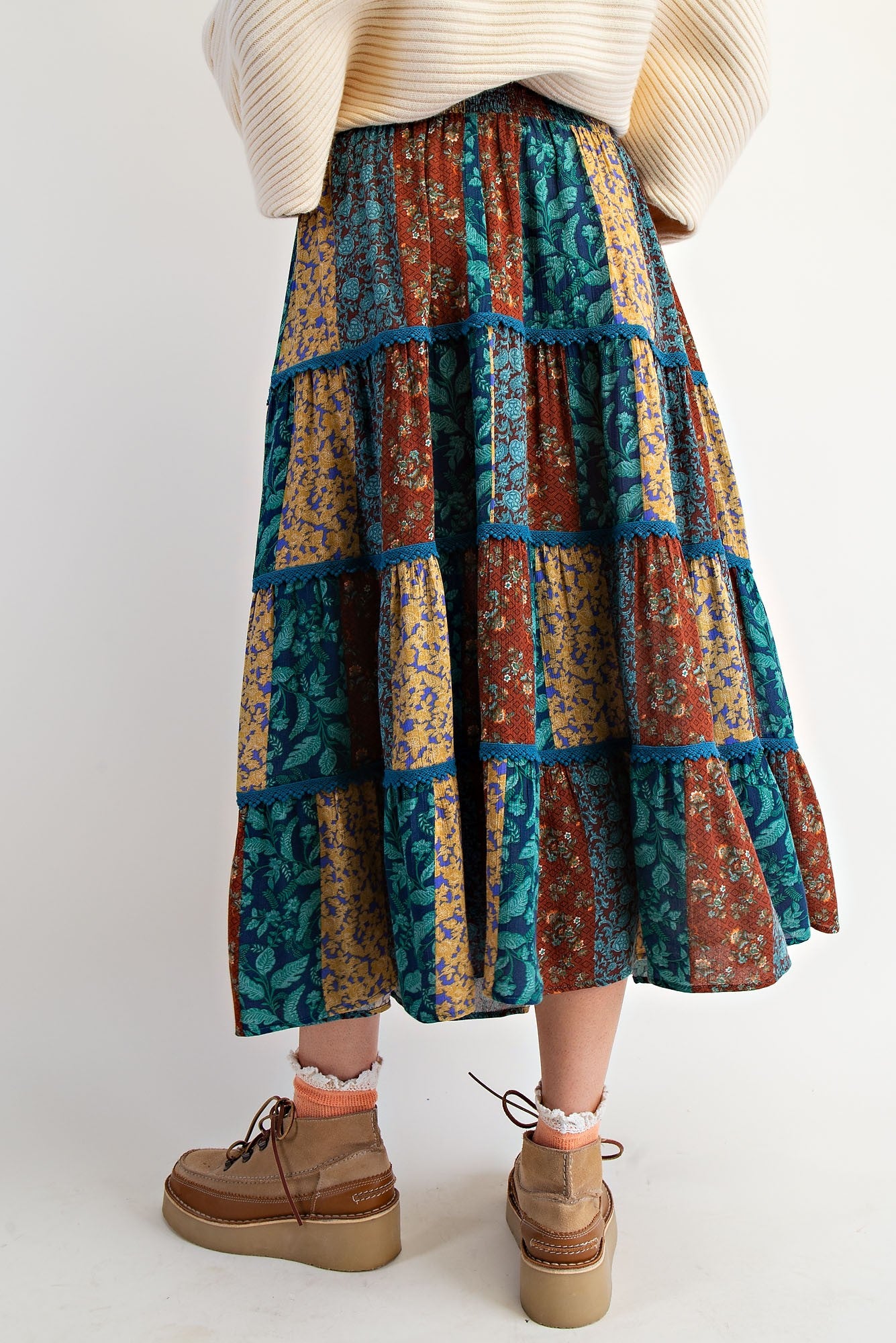 Printed Rayon Gauze Tiered Teal Brown Maxi Skirt