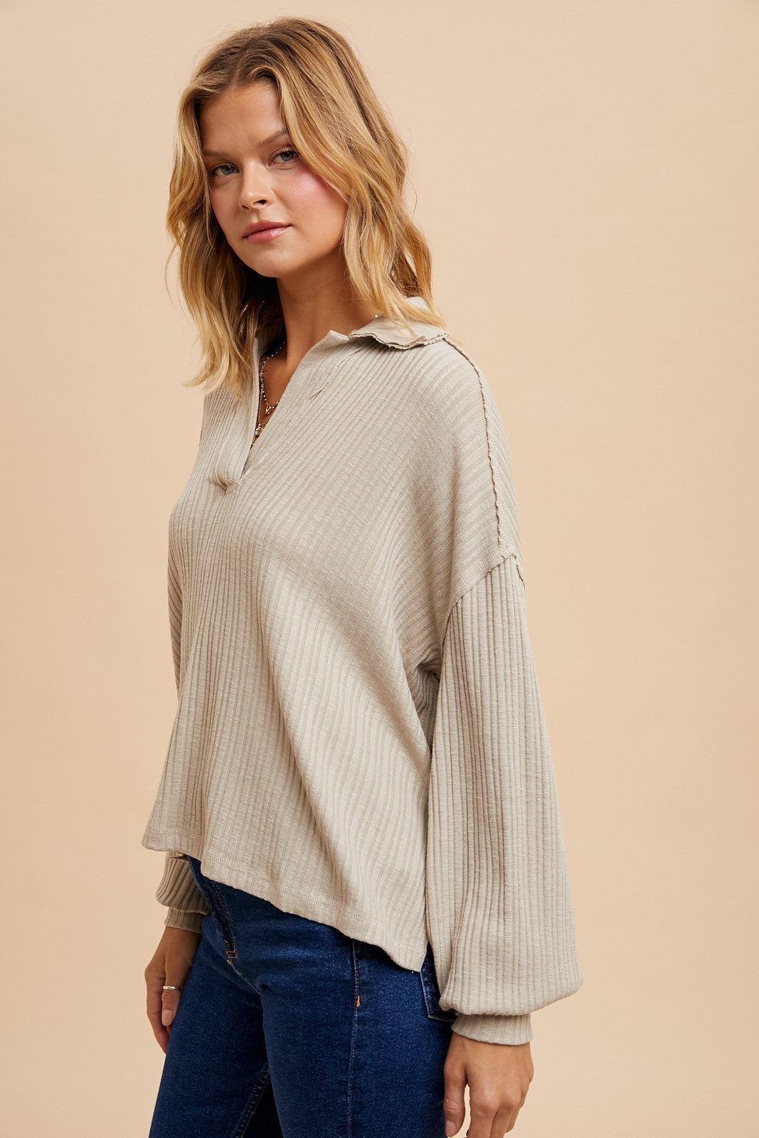 Quarter Split Almond Ribbed Polo Top