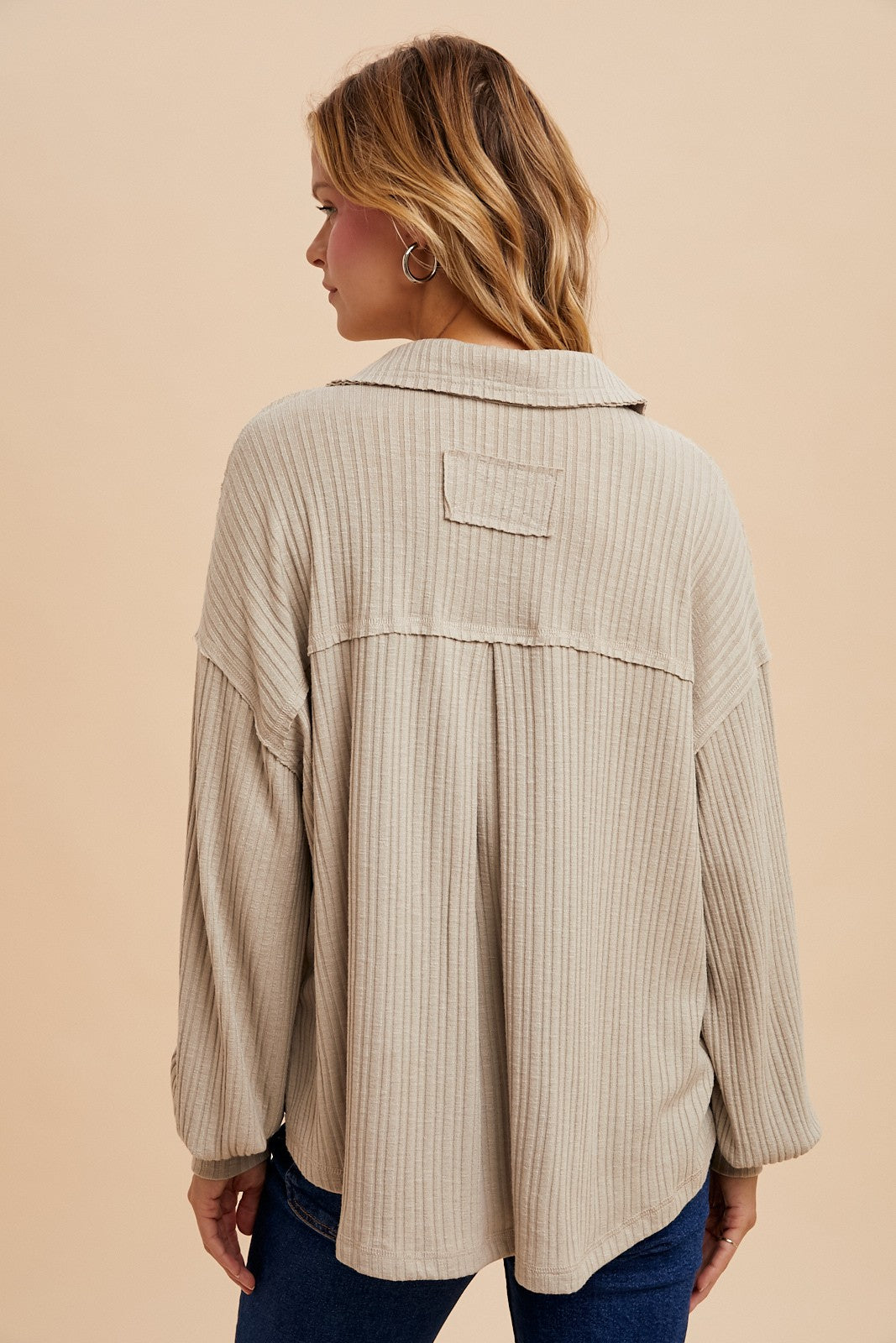 Quarter Split Almond Ribbed Polo Top