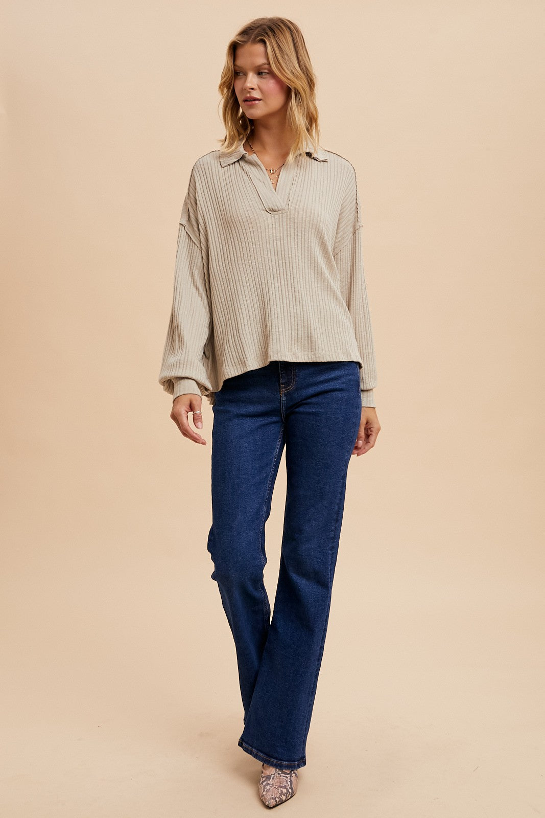 Quarter Split Almond Ribbed Polo Top