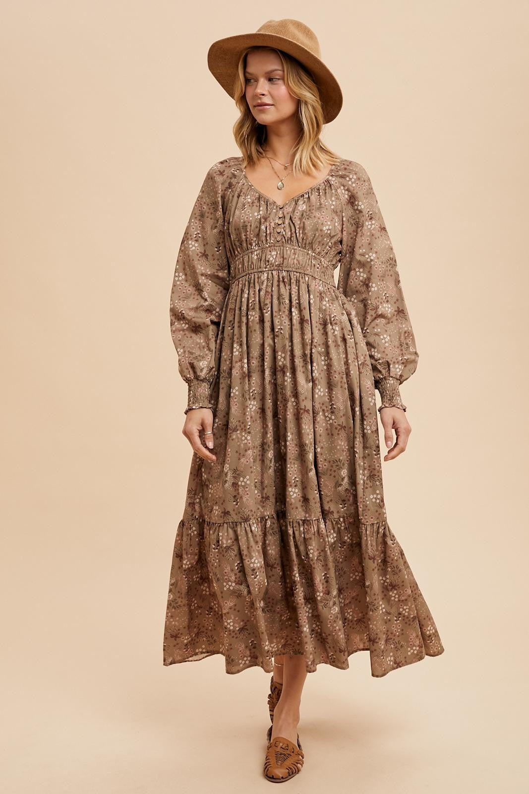 Raglan Sleeve Dusty Olive Floral Button Maxi Dress