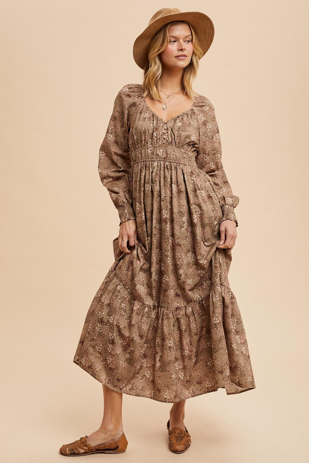 Raglan Sleeve Dusty Olive Floral Button Maxi Dress