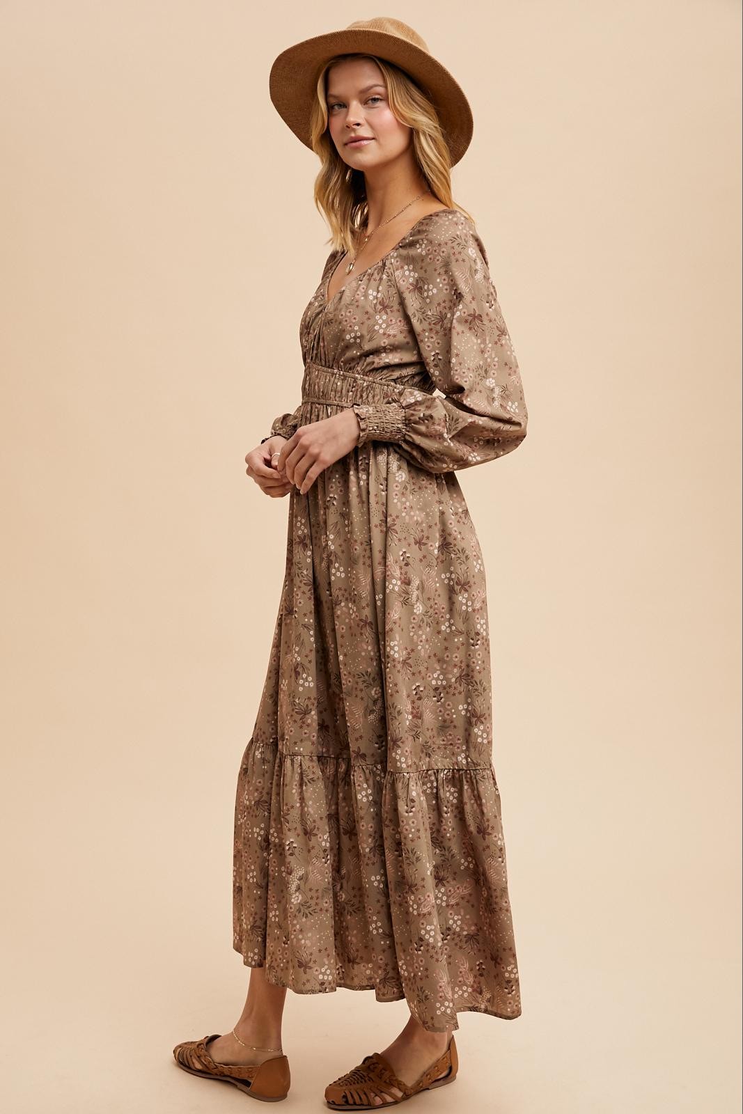 Raglan Sleeve Dusty Olive Floral Button Maxi Dress