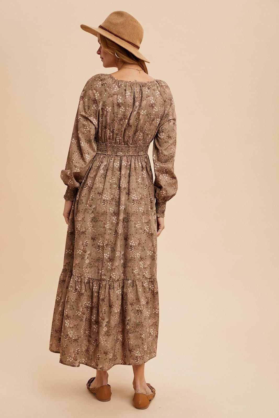 Raglan Sleeve Dusty Olive Floral Button Maxi Dress