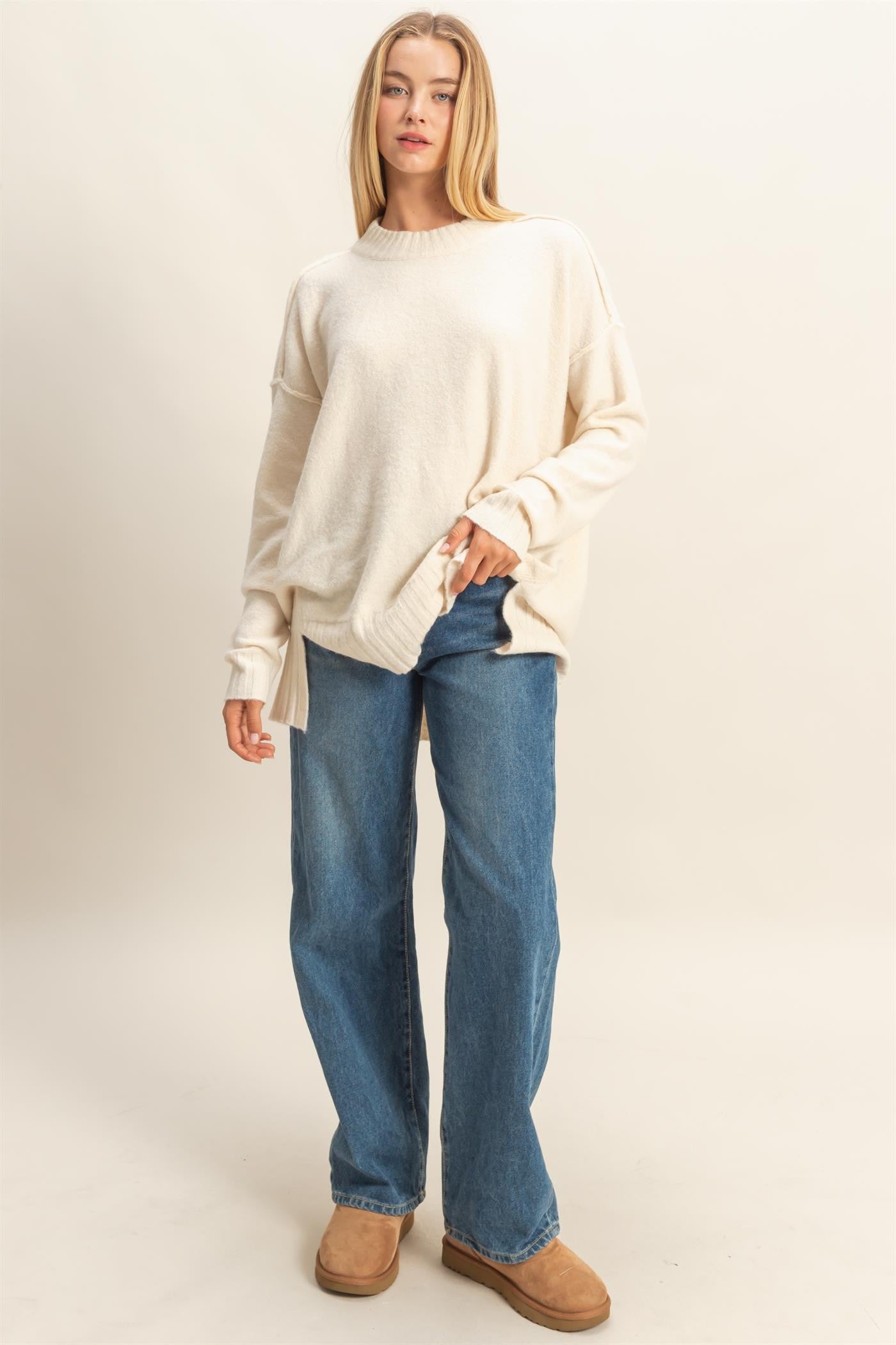 Relaxed Fit Stylish Whip Cream Sweater