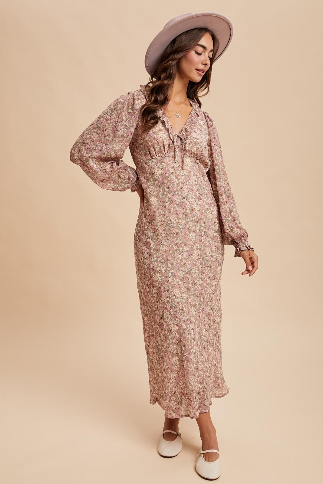 Ruffled Vintage Taupe Floral Maxi Dress