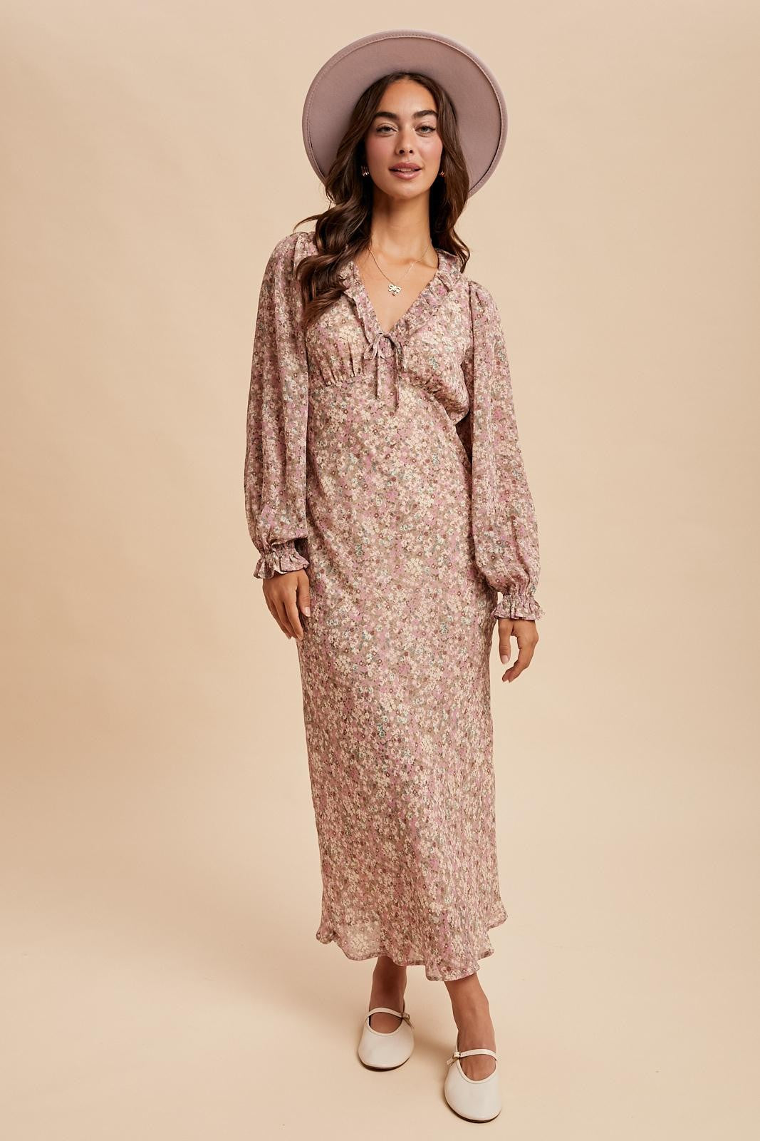 Ruffled Vintage Taupe Floral Maxi Dress